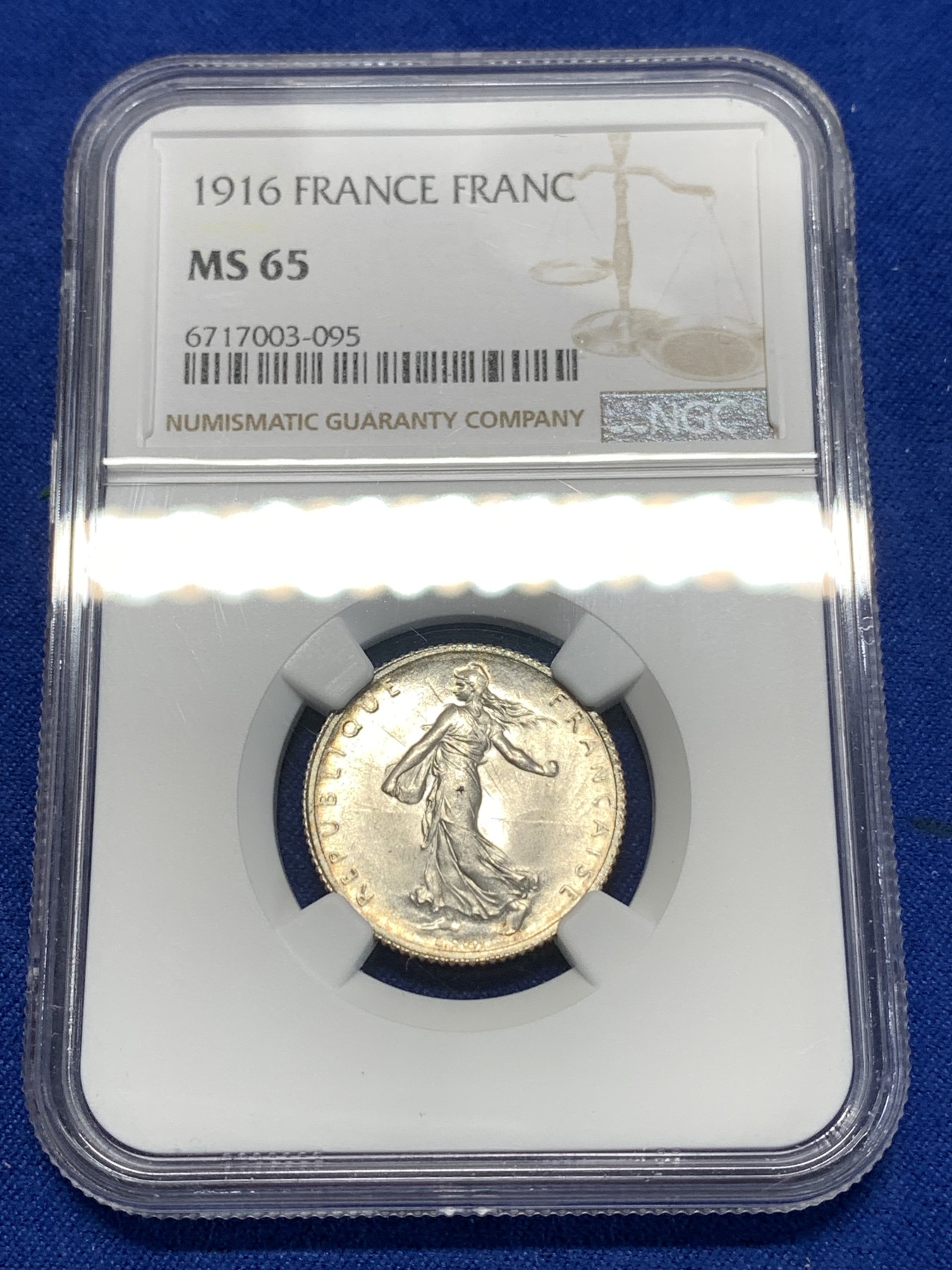 《竞宝斋》第260场-周日，周一，周二 3场连拍 (全场包邮) NGC MS65 法国1916年播种女神1法郎银币 高分好品