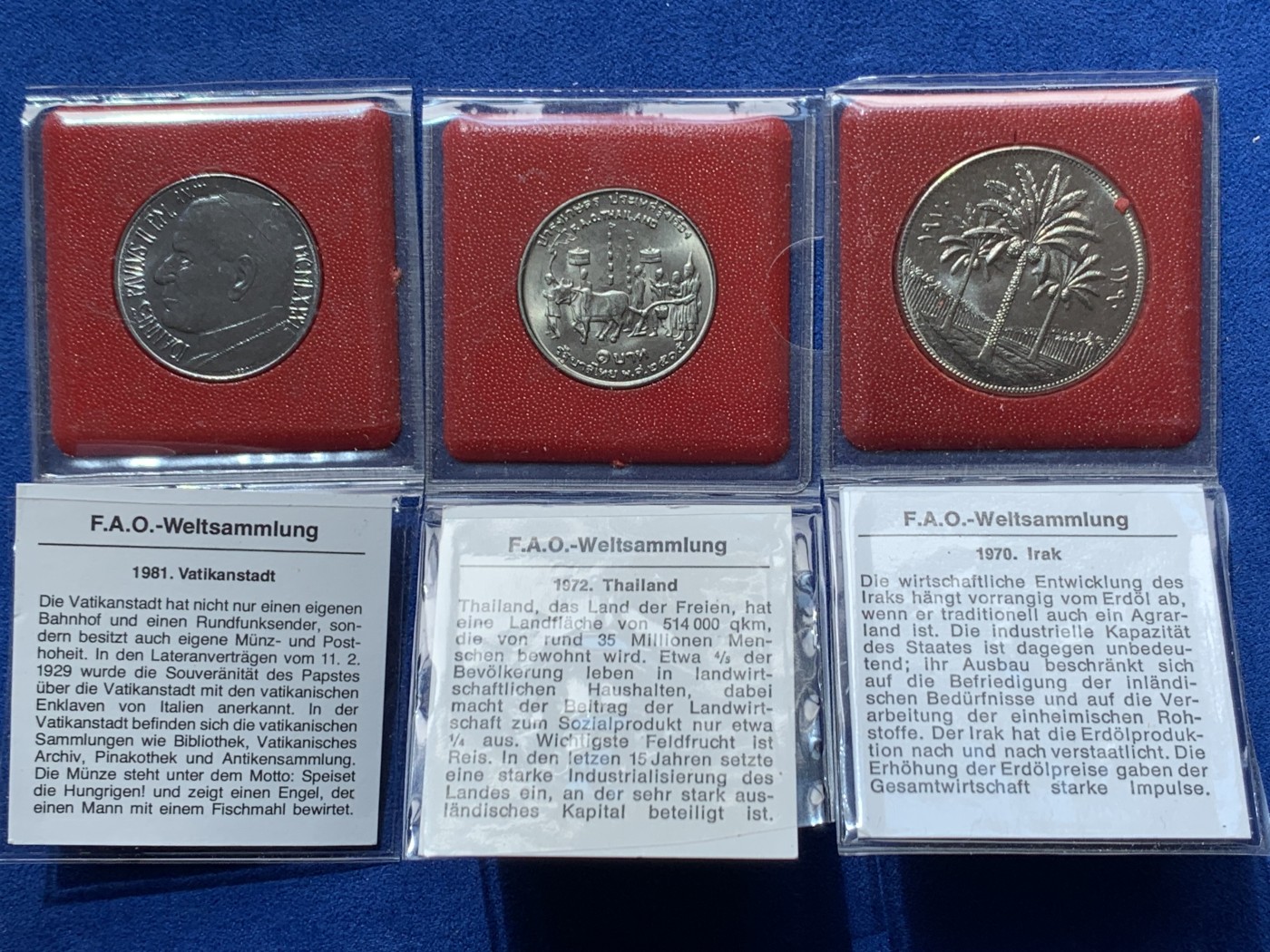 《竞宝斋》第260场-周日，周一，周二 3场连拍 (全场包邮) 3枚一组 F.A.O.纪念币 伊拉克1970年250费尔镍币+泰国1972拉玛九世（粮农组织）1泰铢铜镍币+梵蒂冈1981年喂养饥饿者100里拉