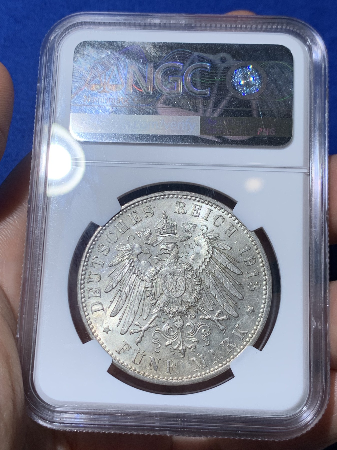 《竞宝斋》第260场-周日，周一，周二 3场连拍 (全场包邮) NGC MS61 德国 1913年 巴伐利亚 奥托国王 疯王 5马克 银币