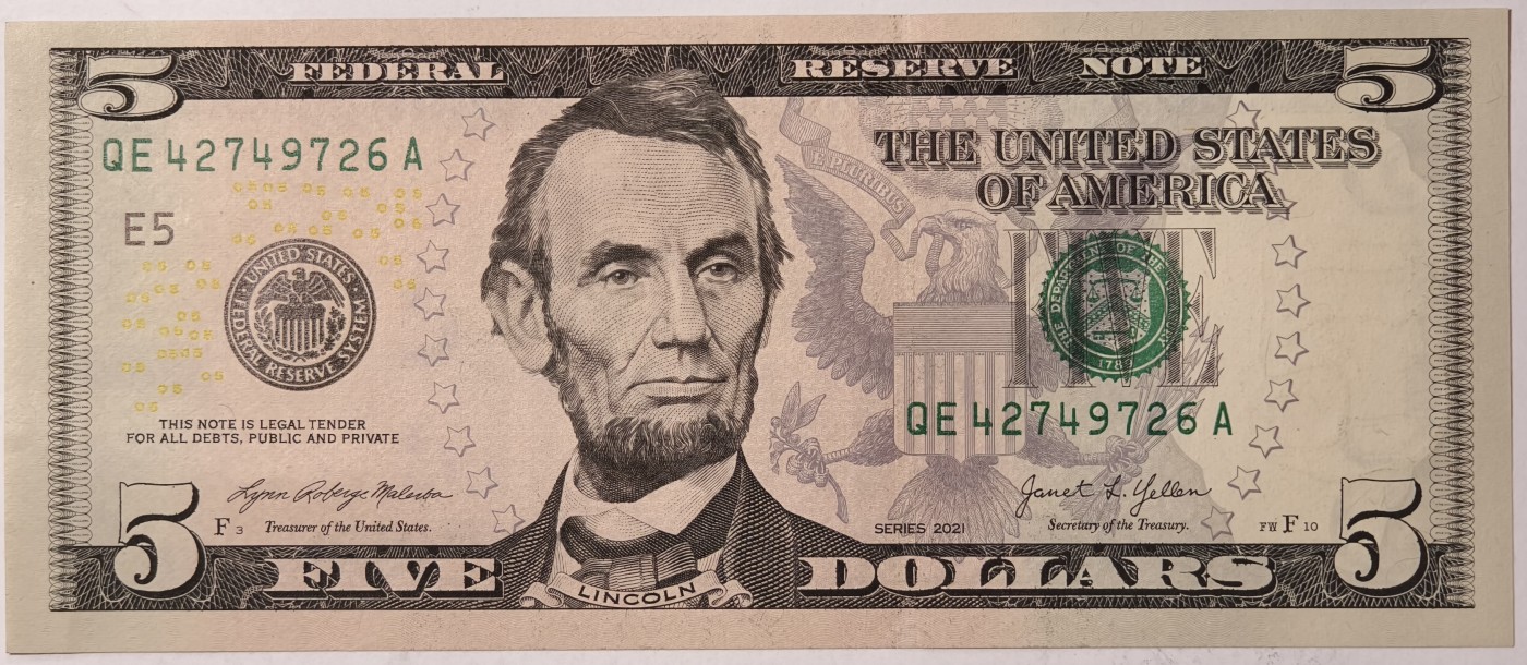 紫瑗钱币——第341期拍卖——纸币场 美国 2021年 E版 无序列 亚伯拉罕·林肯 5美元 彩色版 UNC