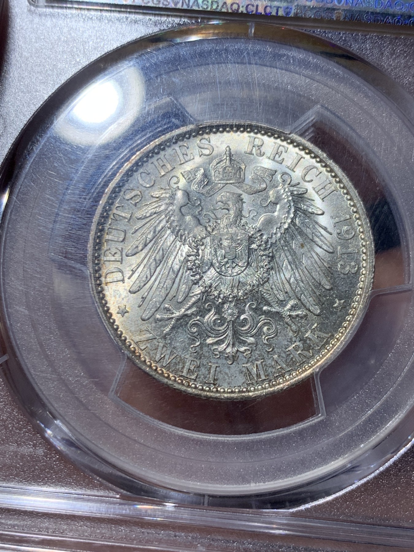 《竞宝斋》第260场-周日，周一，周二 3场连拍 (全场包邮) PCGS MS64 德国普鲁士1913年A版威廉二世军装2马克银币 原光淡彩包浆
