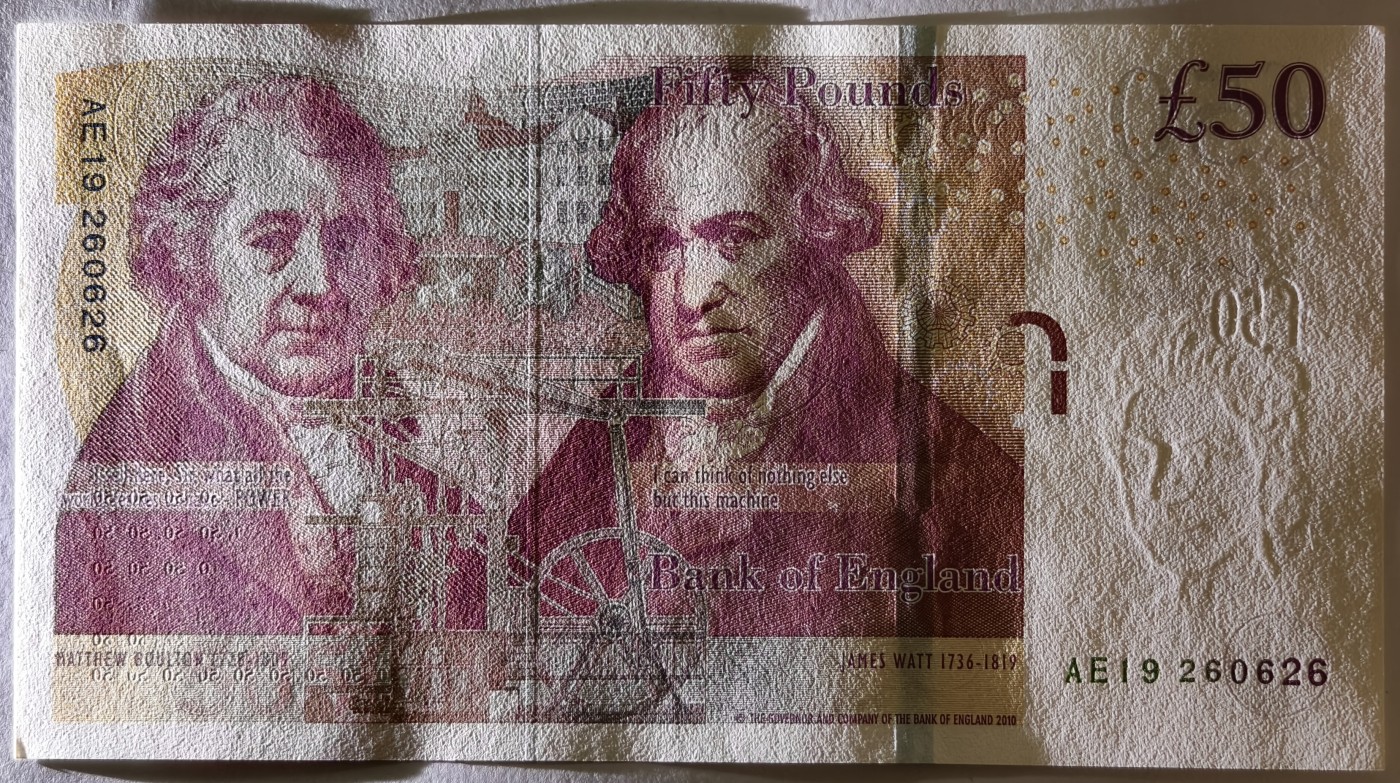 紫瑗钱币——第341期拍卖——纸币场 英国2010年 F序列 工程师瓦特(蒸汽机发明者)和其推广合作者博尔顿 50镑 UNC