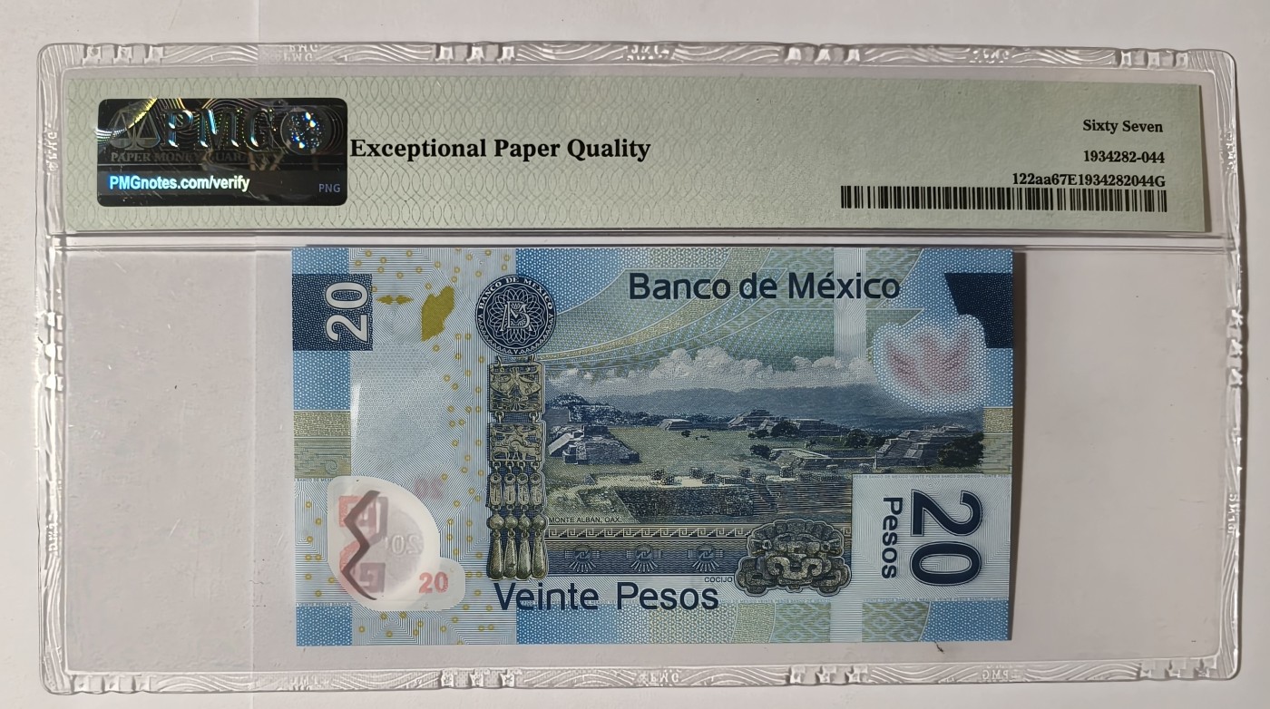 紫瑗钱币——第341期拍卖——纸币场 【首发A冠 PMG 67EPQ】墨西哥 2016年 墨西哥银行 20比索 （P-122aa）