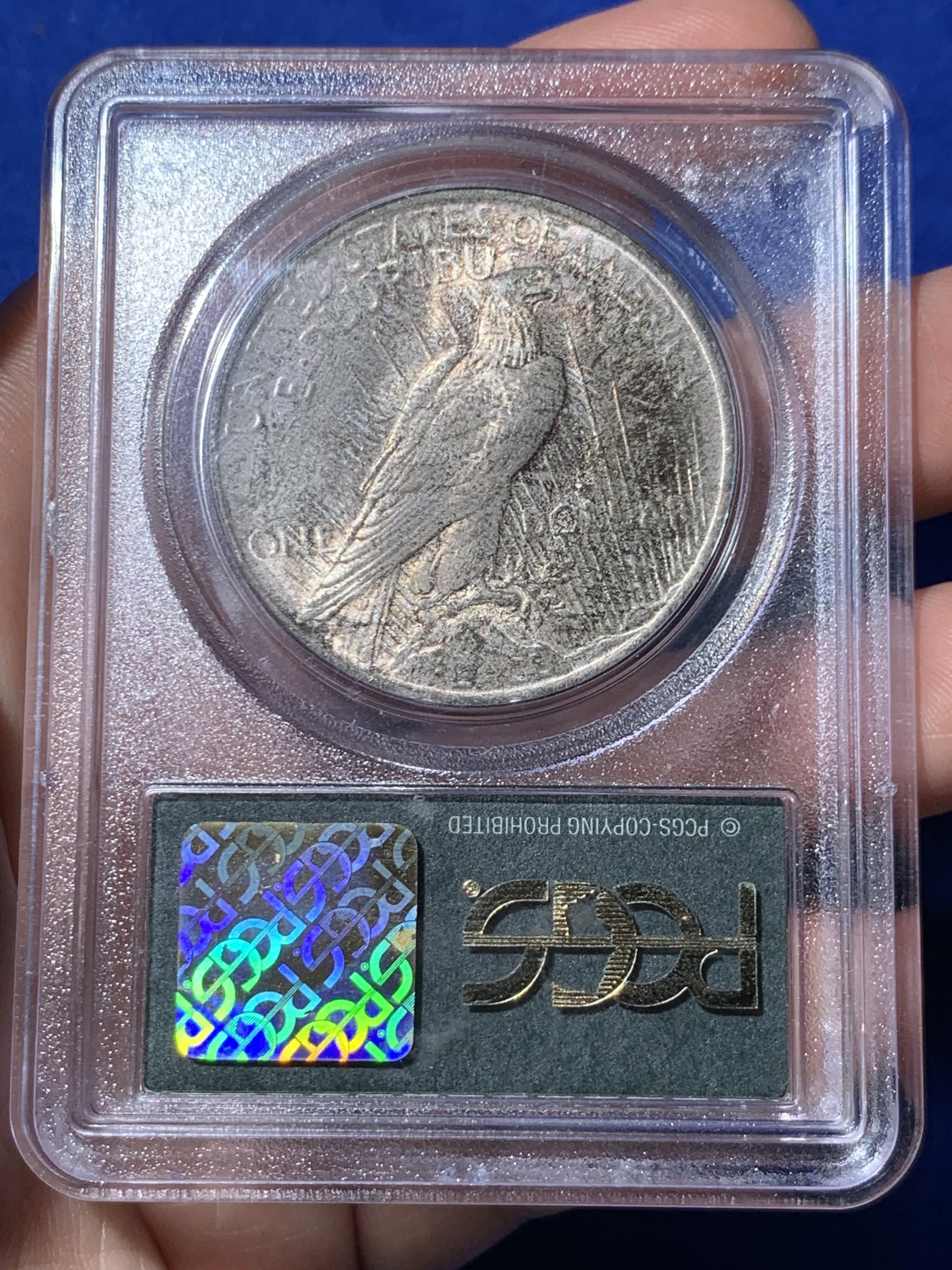 《竞宝斋》第260场-周日，周一，周二 3场连拍 (全场包邮) PCGS MS63 美国1923年和平银元P版经典老绿盒，背面原味老包浆，币面清爽干净又漂亮，经典老绿盒严评无官网图，距今有30年左右的历史，盒子本身就是收藏品。