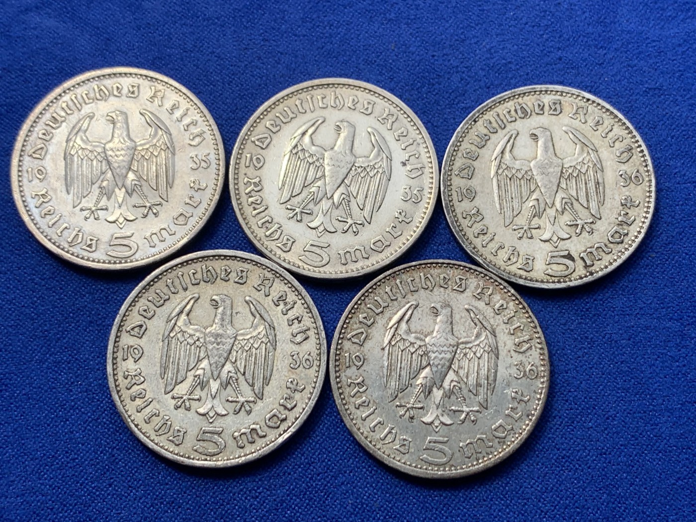 《竞宝斋》第260场-周日，周一，周二 3场连拍 (全场包邮) 5枚一组 德国兴登堡鹰版5马克银币 1935年两枚+1936年三枚