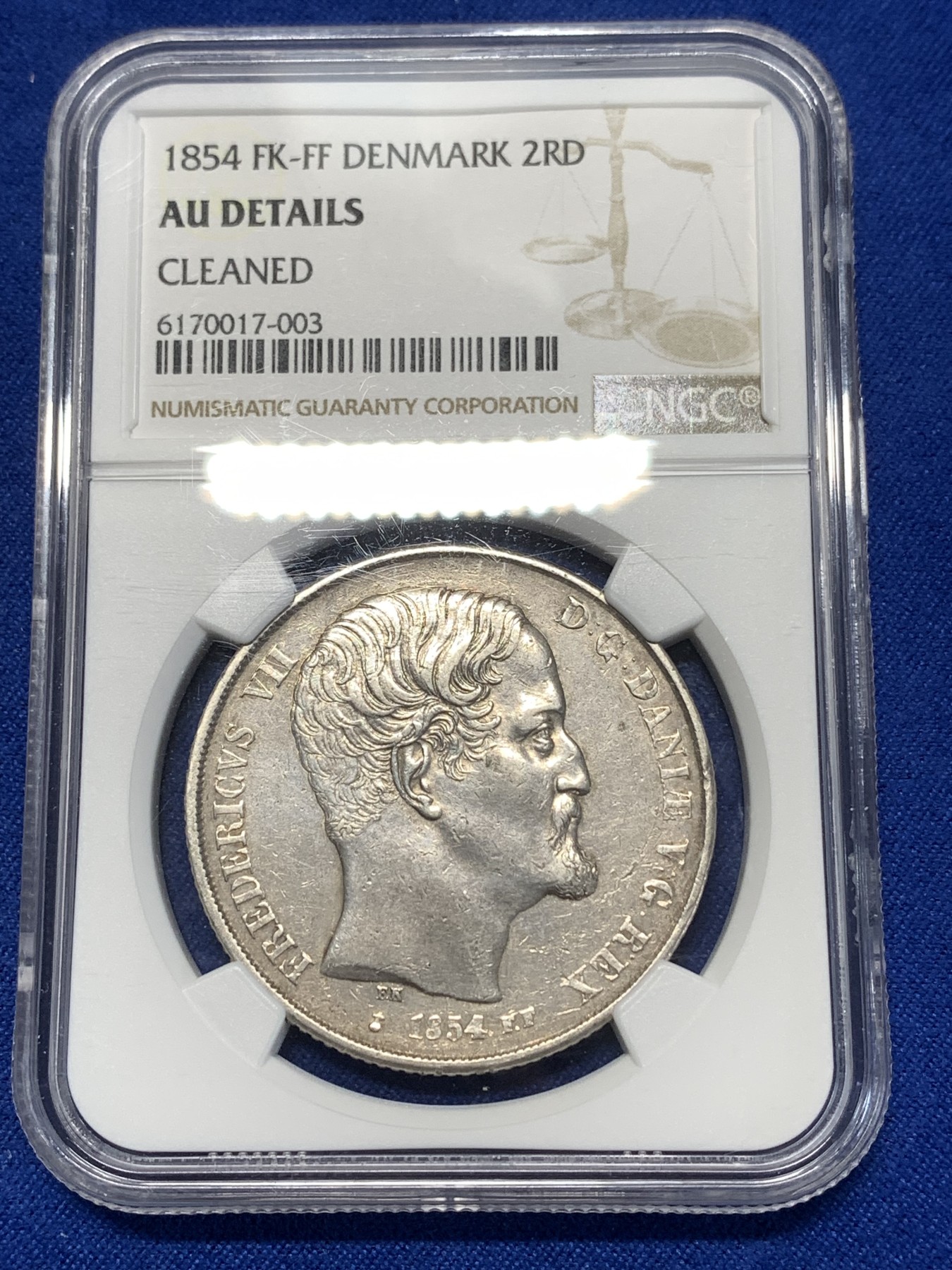 《竞宝斋》第260场-周日，周一，周二 3场连拍 (全场包邮) NGC AUD 丹麦1854年费德里科七世2RD大银币