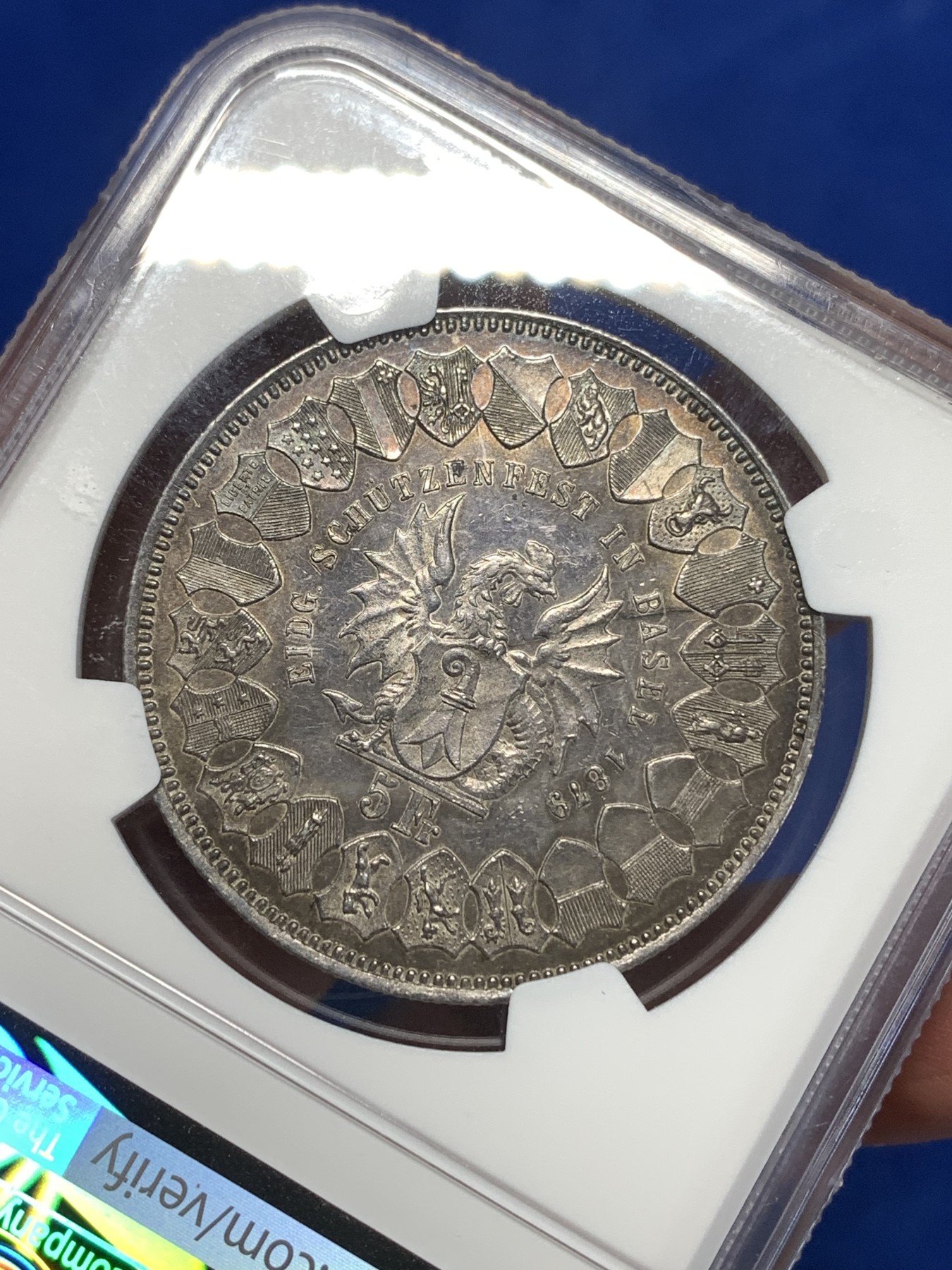 《竞宝斋》第260场-周日，周一，周二 3场连拍 (全场包邮) NGC UNCD 瑞士1879年巴塞尔射击节5法郎银币 背面经典盾徽 双面转光