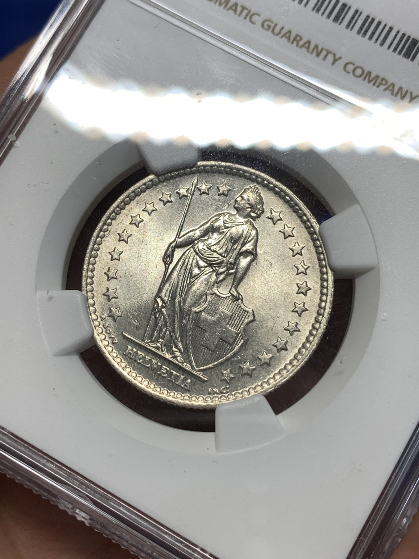 《竞宝斋》第260场-周日，周一，周二 3场连拍 (全场包邮) NGC MS63 瑞士 1963年 赫尔维蒂亚 雪山女神 2法郎 银币