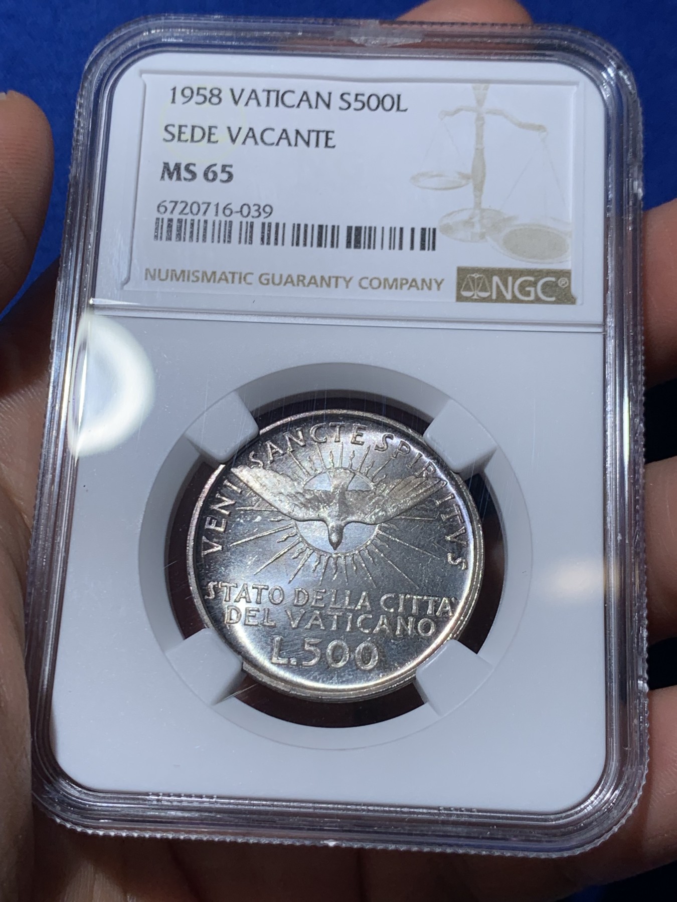 《竞宝斋》第260场-周日，周一，周二 3场连拍 (全场包邮) NGC MS65 梵蒂冈1958年教皇缺位500里拉银币 高分好状态