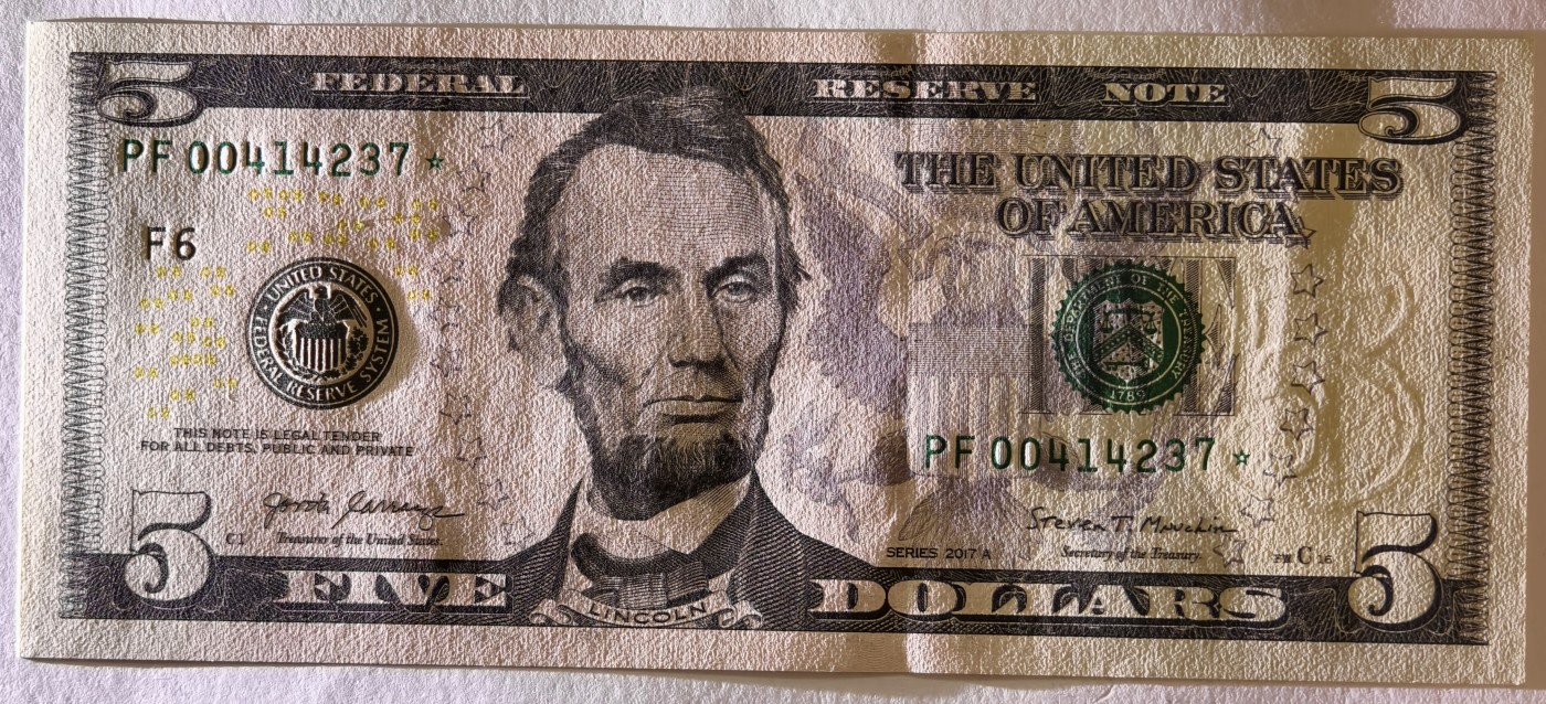 紫瑗钱币——第341期拍卖——纸币场 【补号】美国 2017年 F版 A序列 亚伯拉罕·林肯 5美元 彩色版 UNC