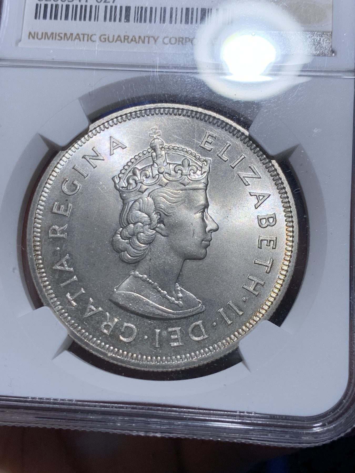 《竞宝斋》第260场-周日，周一，周二 3场连拍 (全场包邮) NGC MS64 英属百慕大 1959年 伊丽莎白二世 发现百慕大350周年纪念 1克朗大银币