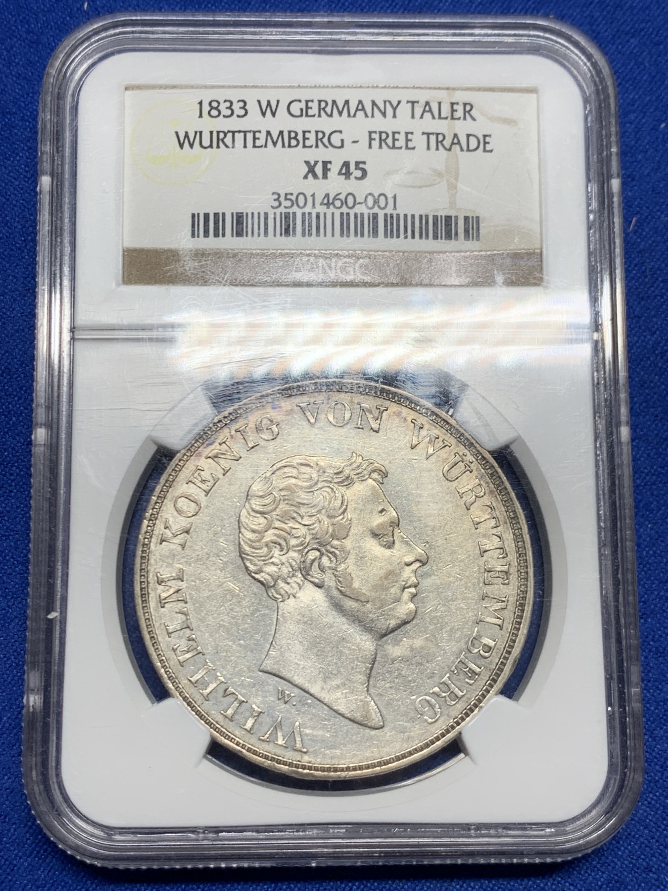 《竞宝斋》第260场-周日，周一，周二 3场连拍 (全场包邮) NGC XF45 德国1833年符腾堡威廉一世头像拿花女神纪念自由贸易协定泰勒银币 斯图加特铸币厂W版