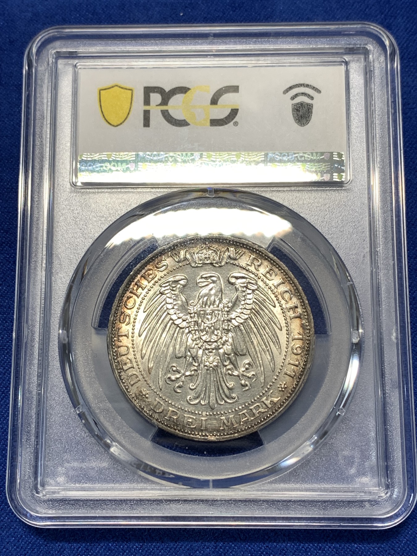 《竞宝斋》第260场-周日，周一，周二 3场连拍 (全场包邮) PCGS AU58 德国 1911年 普鲁士 布雷斯劳大学 3马克 银币 非常漂亮的环彩包浆 有官网高清照