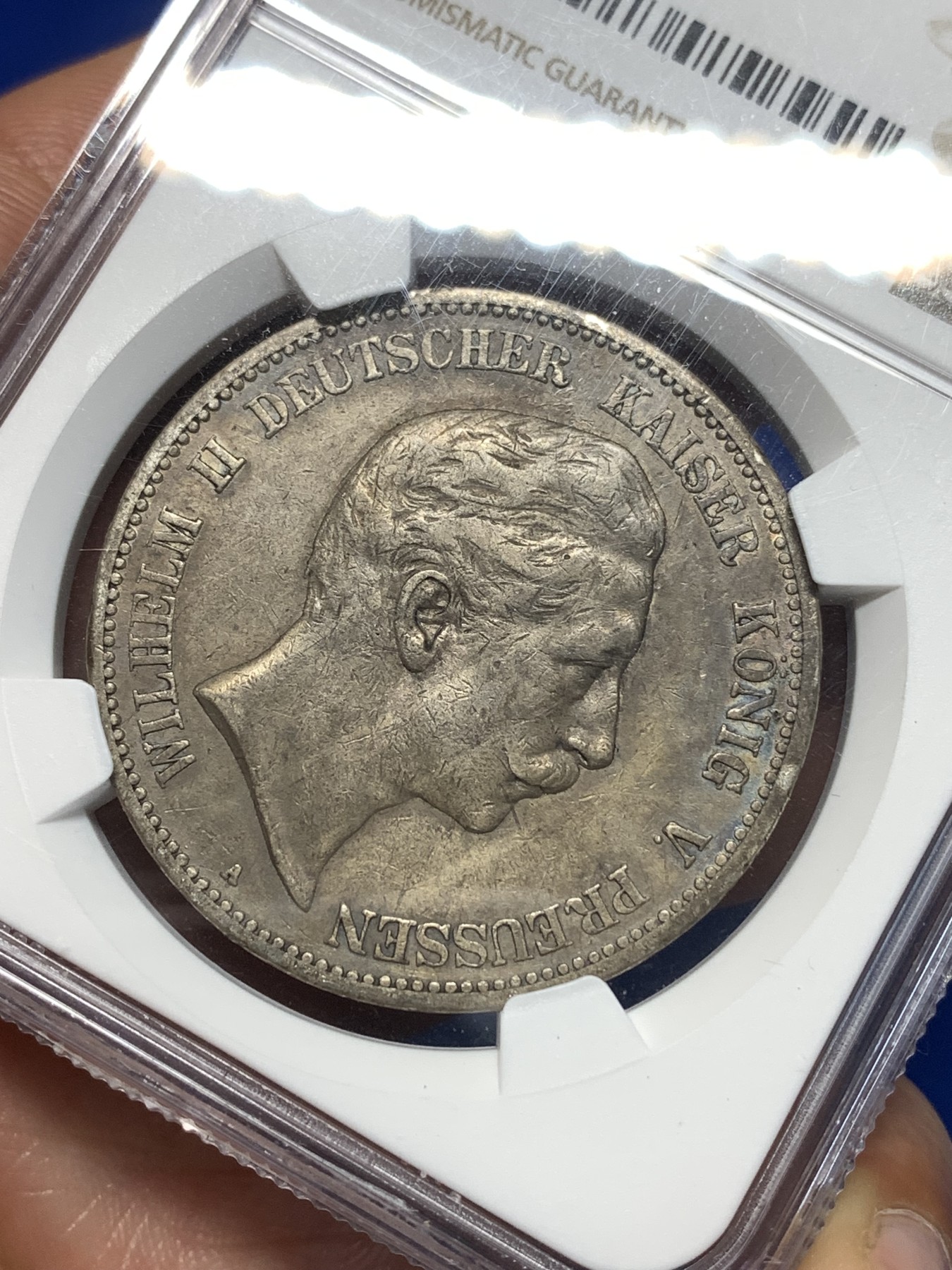 《竞宝斋》第260场-周日，周一，周二 3场连拍 (全场包邮) NGC UNC RIM DAMAGE 德国普鲁士 1895年 威廉二世长翅鹰A版 5马克 银币（通货多，UNC少见）