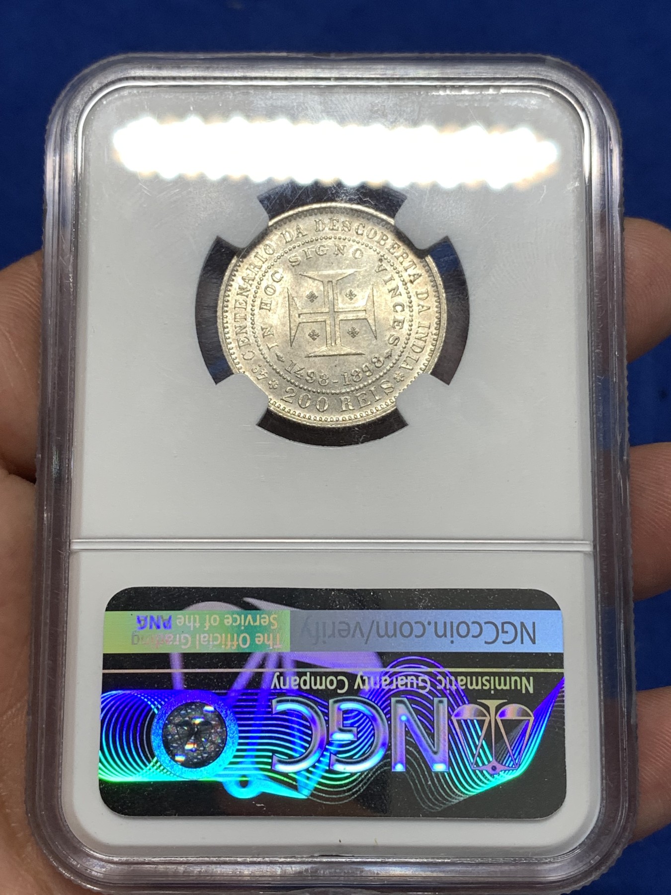 《竞宝斋》第260场-周日，周一，周二 3场连拍 (全场包邮) NGC MS63 葡萄牙 1898年 发现印度 200瑞斯 银币 黄油彩