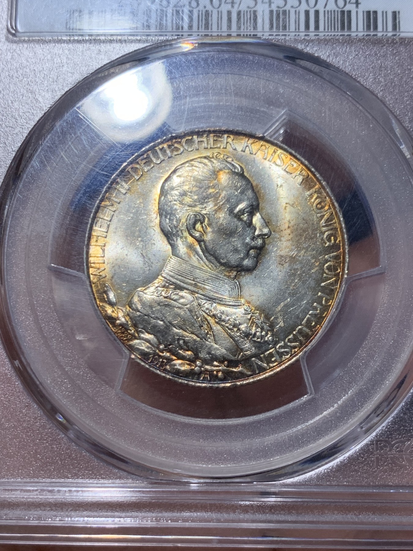《竞宝斋》第260场-周日，周一，周二 3场连拍 (全场包邮) PCGS MS64 德国普鲁士1913年A版威廉二世军装2马克银币 原光淡彩包浆