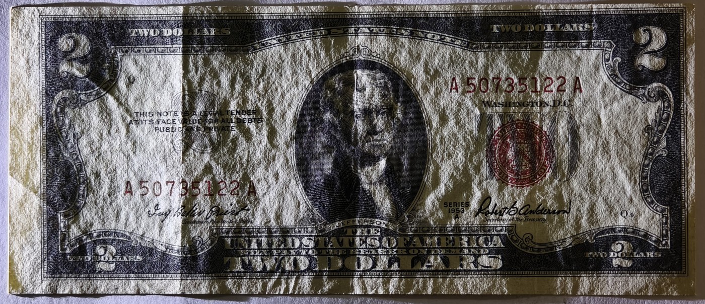 紫瑗钱币——第341期拍卖——纸币场 美国 1953年 A序列 托马斯·杰斐逊 2美元 红印 政府券 流通品