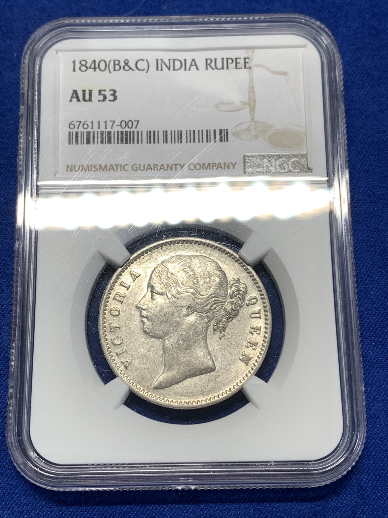 《竞宝斋》第260场-周日，周一，周二 3场连拍 (全场包邮) NGC AU53  英属印度1840年双辫版1卢比银币