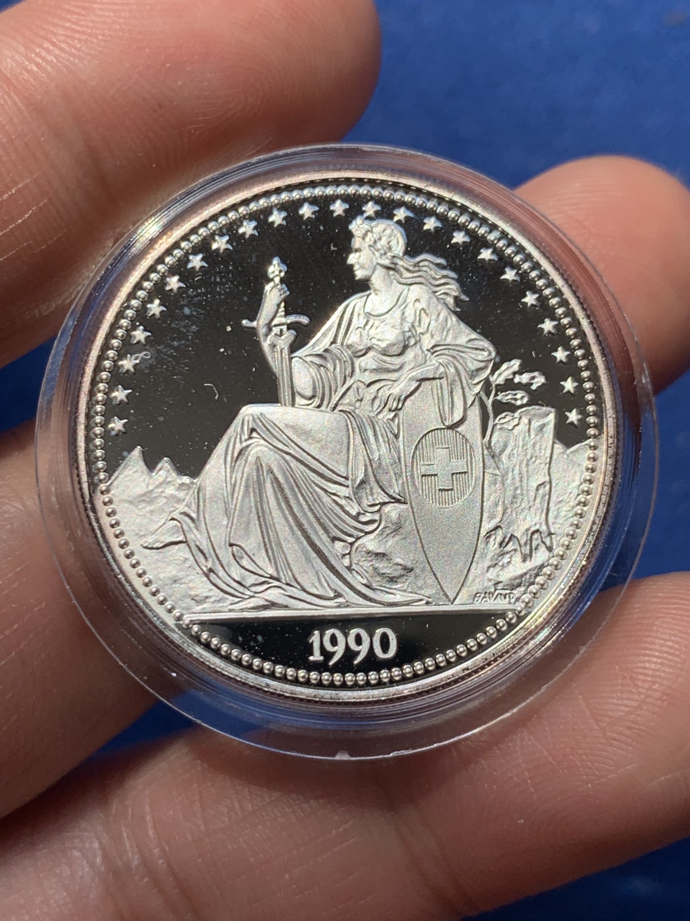 《竞宝斋》第260场-周日，周一，周二 3场连拍 (全场包邮) 瑞士苏黎世1990女神1UNZE银币 1盎司999银 31.3克