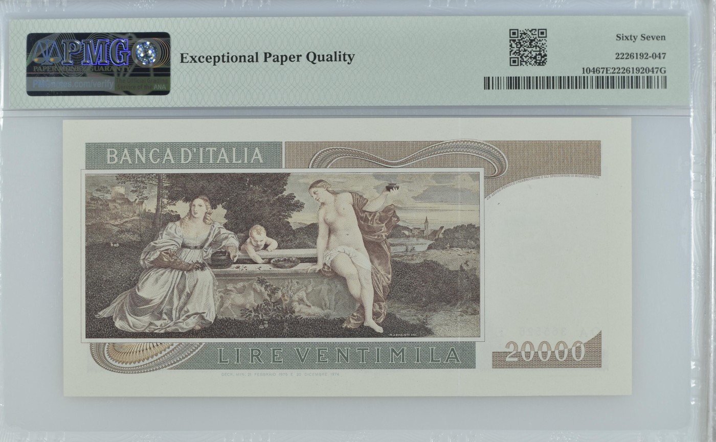 收藏联盟Quantum Auction 第340期拍卖   意大利1975年20000里拉 PMG67 文艺复兴大师 提香 号码无4