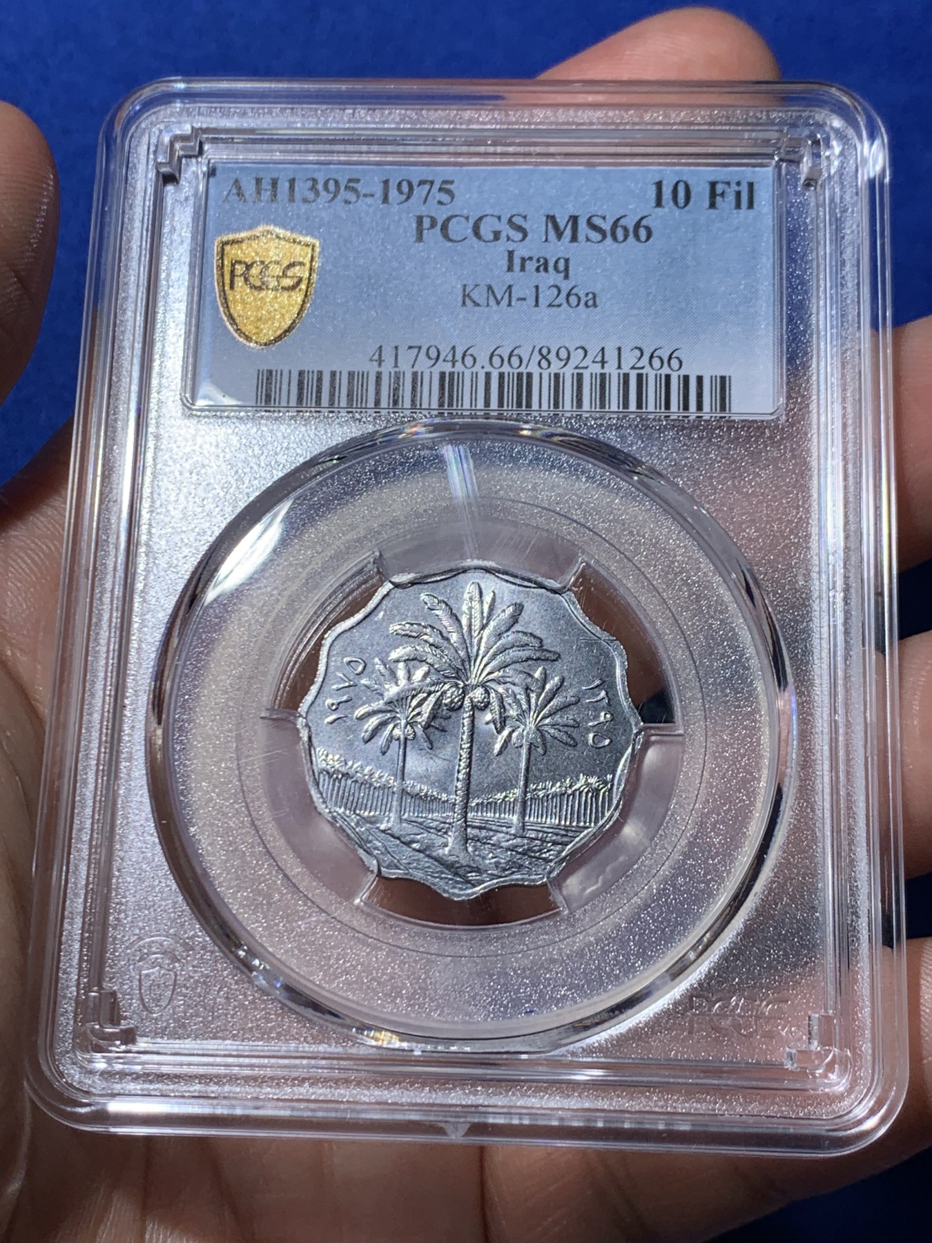 《竞宝斋》第260场-周日，周一，周二 3场连拍 (全场包邮) PCGS金盾 MS66 伊拉克1975年枣椰树10费尔不锈钢币，唯一亚军分，更高分仅一枚