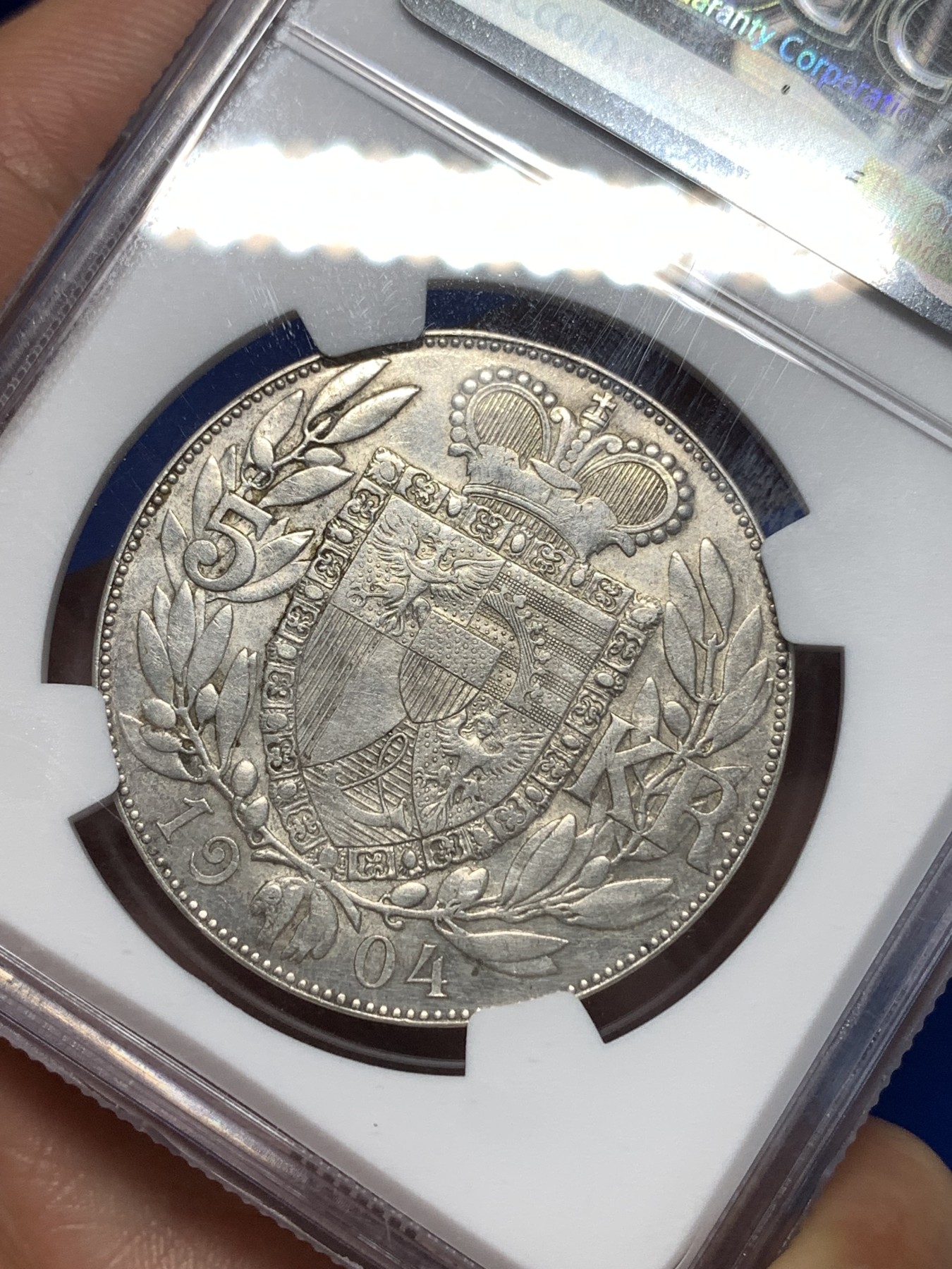 《竞宝斋》第260场-周日，周一，周二 3场连拍 (全场包邮) NGC AUD 1904年列支敦士登5K大银币