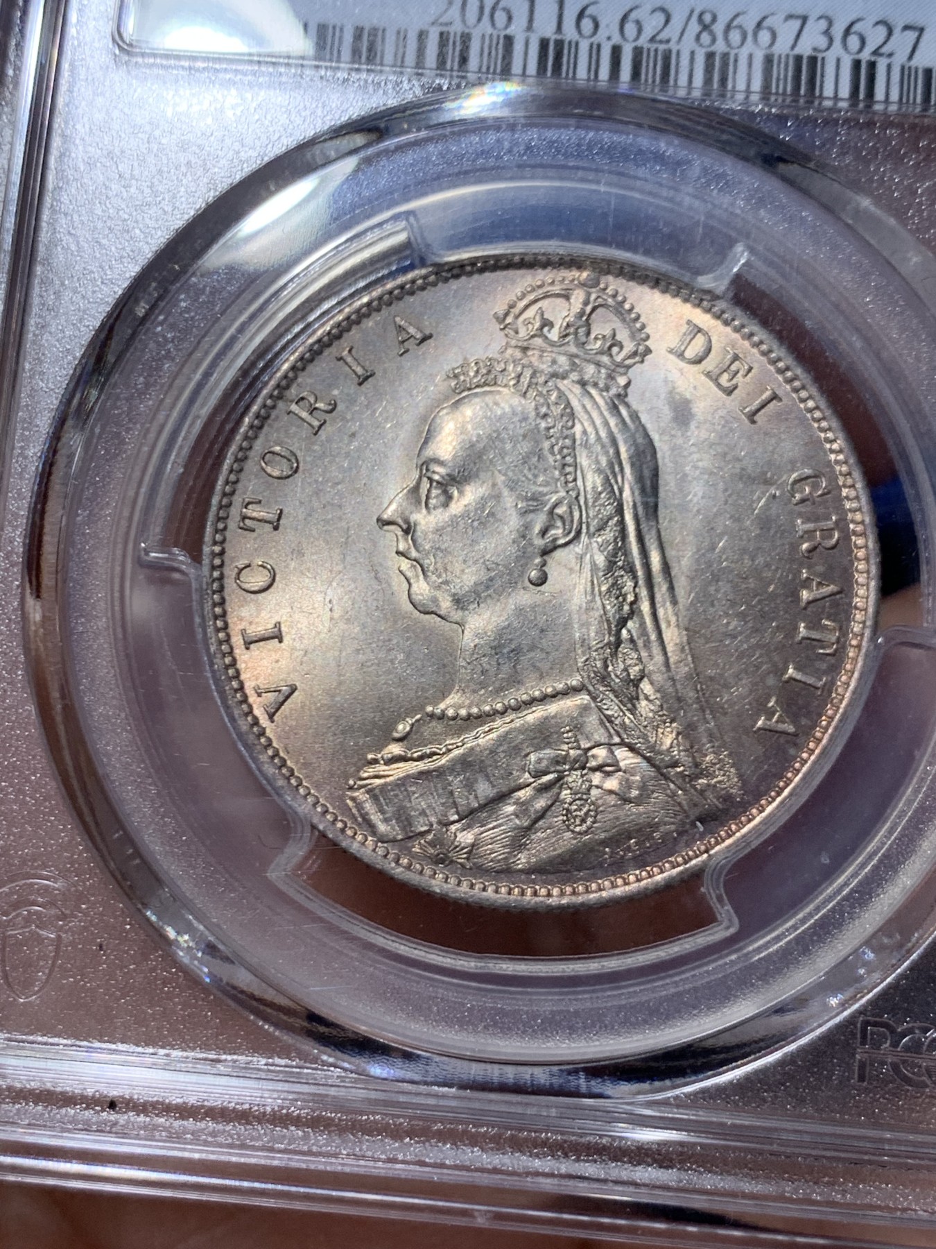 《竞宝斋》第260场-周日，周一，周二 3场连拍 (全场包邮) PCGS MS62 英国 1887年 维多利亚女王 高冠版 半克朗银币