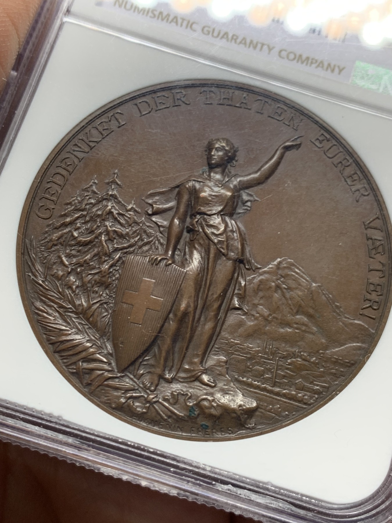 《竞宝斋》第260场-周日，周一，周二 3场连拍 (全场包邮) NGC MS63BN 瑞士1892年格拉鲁斯射击节铜章 双面均高浮雕工艺 巧克力包浆非常漂亮