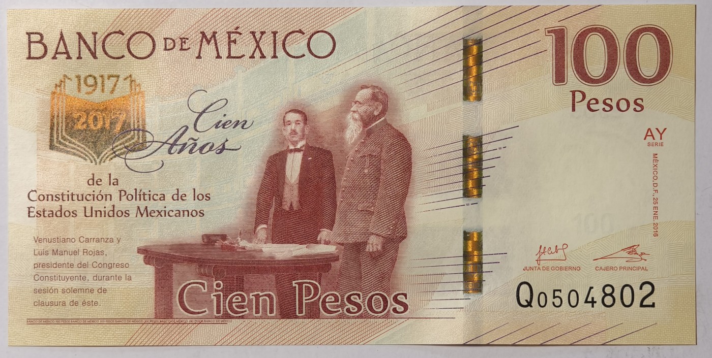 紫瑗钱币——第341期拍卖——纸币场 墨西哥 2017年 宪法颁布100周年 纪念钞 100比索 UNC