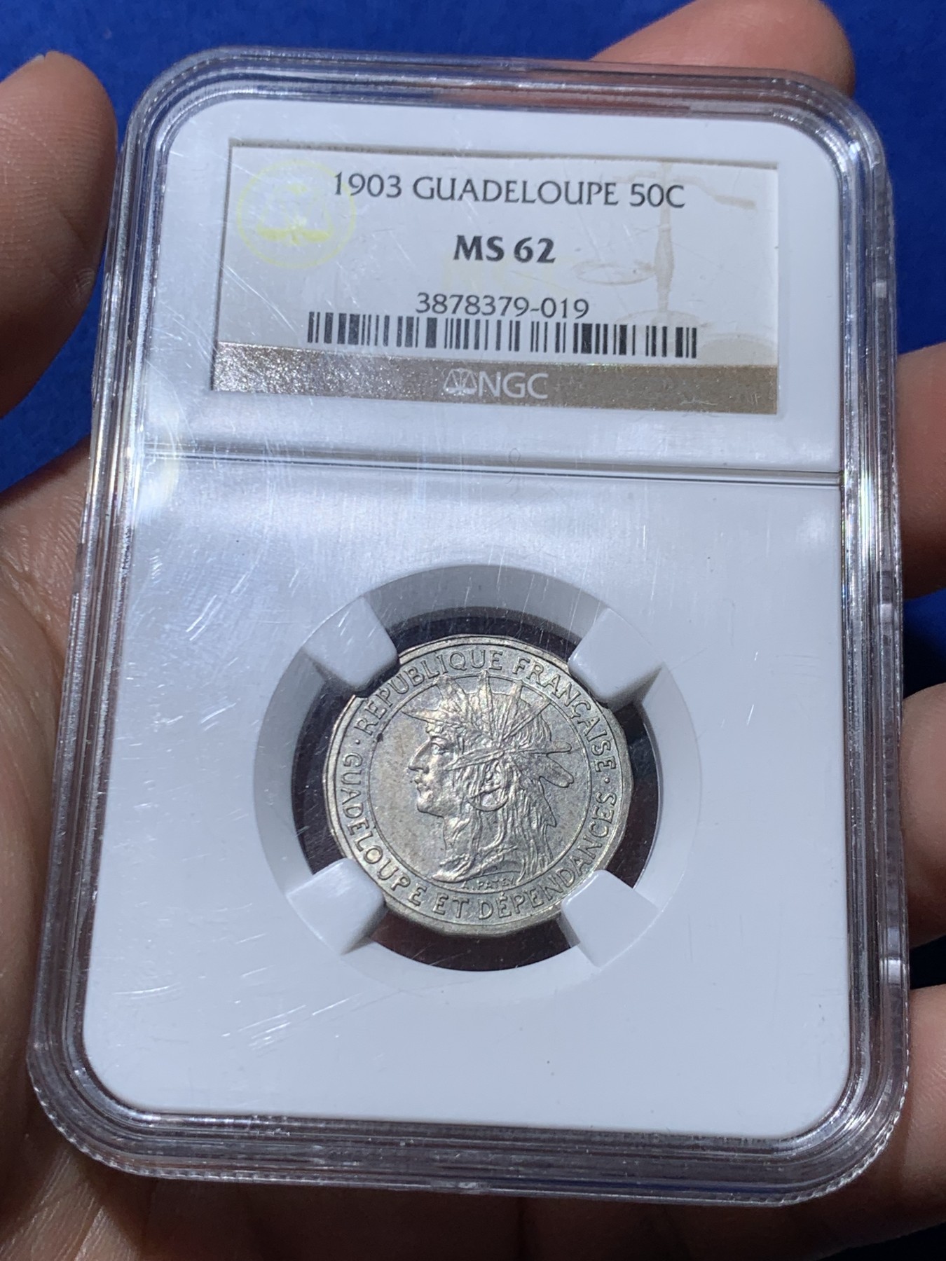 《竞宝斋》第260场-周日，周一，周二 3场连拍 (全场包邮) NGC MS62 1903年瓜德罗普法国殖民地50生丁  稀少的1903版