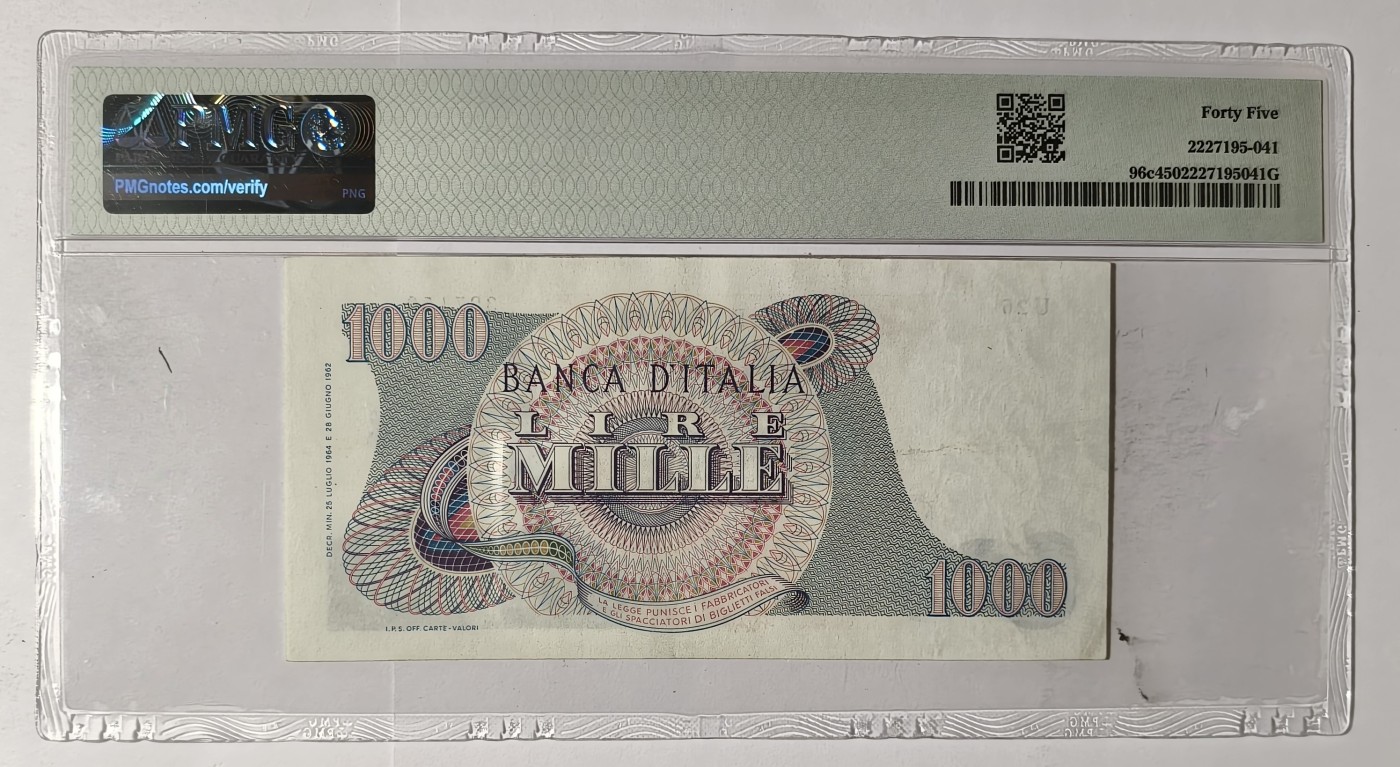 紫瑗钱币——第357期拍卖—— 纸币场 【首发 PMG 45】意大利 1964年 威尔第 1000里拉 (P-96c)
