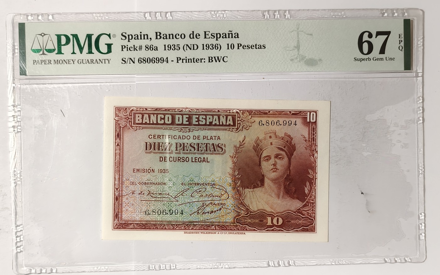 紫瑗钱币——第357期拍卖—— 纸币场 【PMG 67EPQ 纯数字冠】西班牙 1935(1936) 年 西班牙银行 女神 10比塞塔 (P-86a) BWC出品
