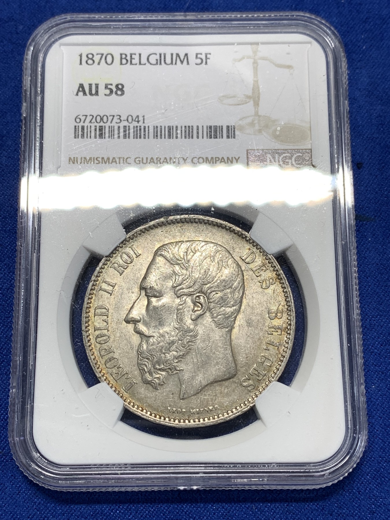 《竞宝斋》第260场-周日，周一，周二 3场连拍 (全场包邮) NGC AU58 比利时1870年利奥波德二世5法郎银币
