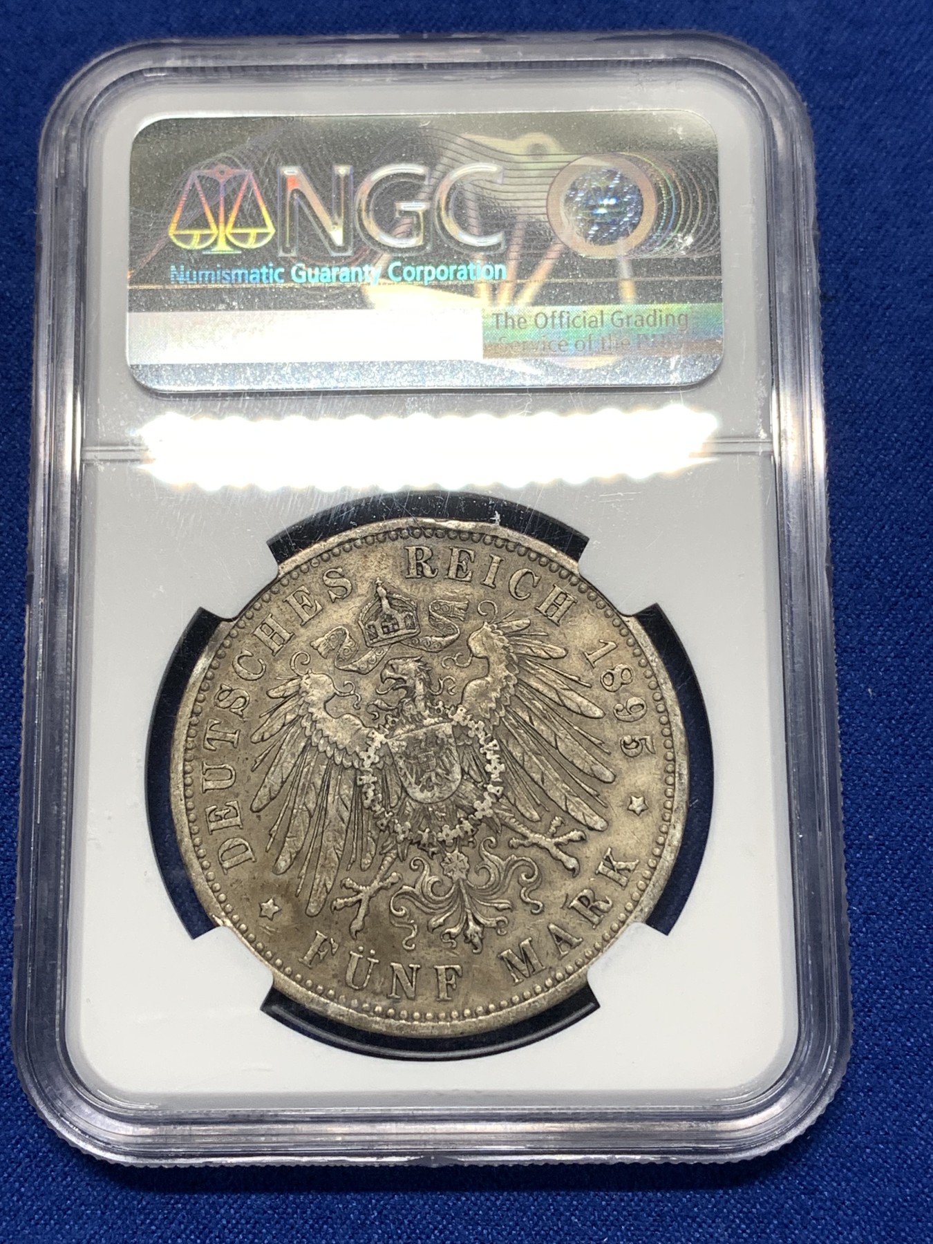 《竞宝斋》第260场-周日，周一，周二 3场连拍 (全场包邮) NGC UNC RIM DAMAGE 德国普鲁士 1895年 威廉二世长翅鹰A版 5马克 银币（通货多，UNC少见）