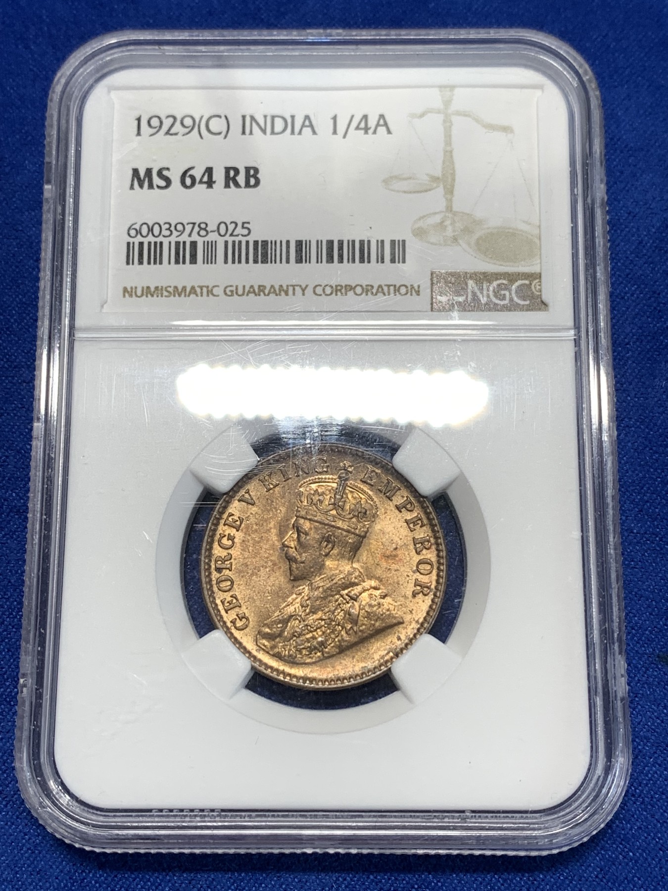 《竞宝斋》第260场-周日，周一，周二 3场连拍 (全场包邮) NGC MS64RB 印度 1929年 乔治五世1/4安娜