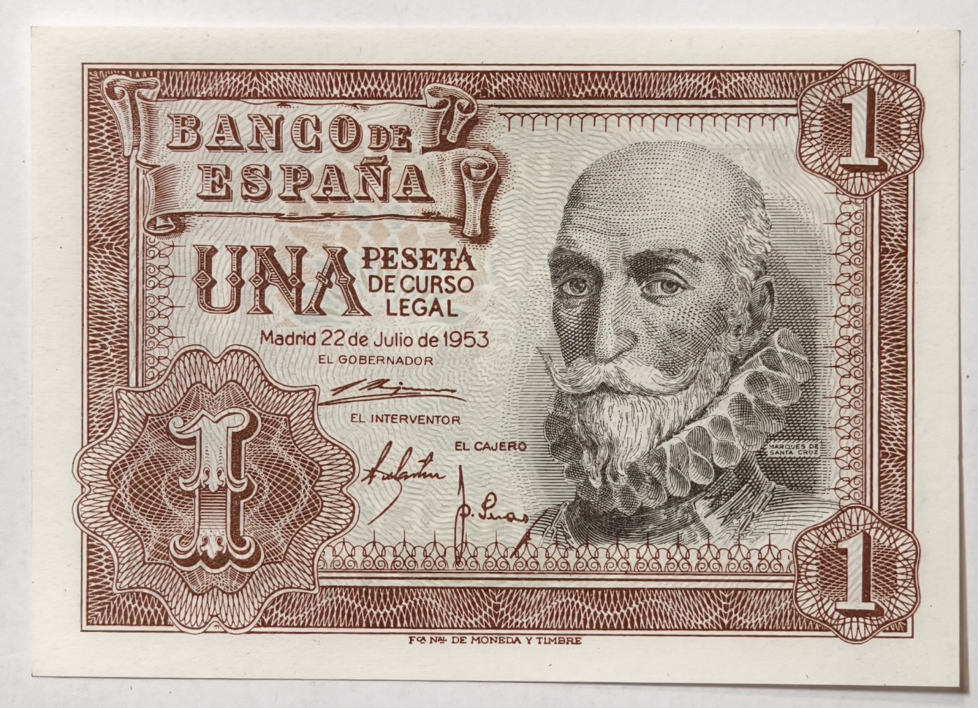 紫瑗钱币——第341期拍卖——纸币场 西班牙 1953年 阿尔瓦罗 1比塞塔 UNC (p-144a)