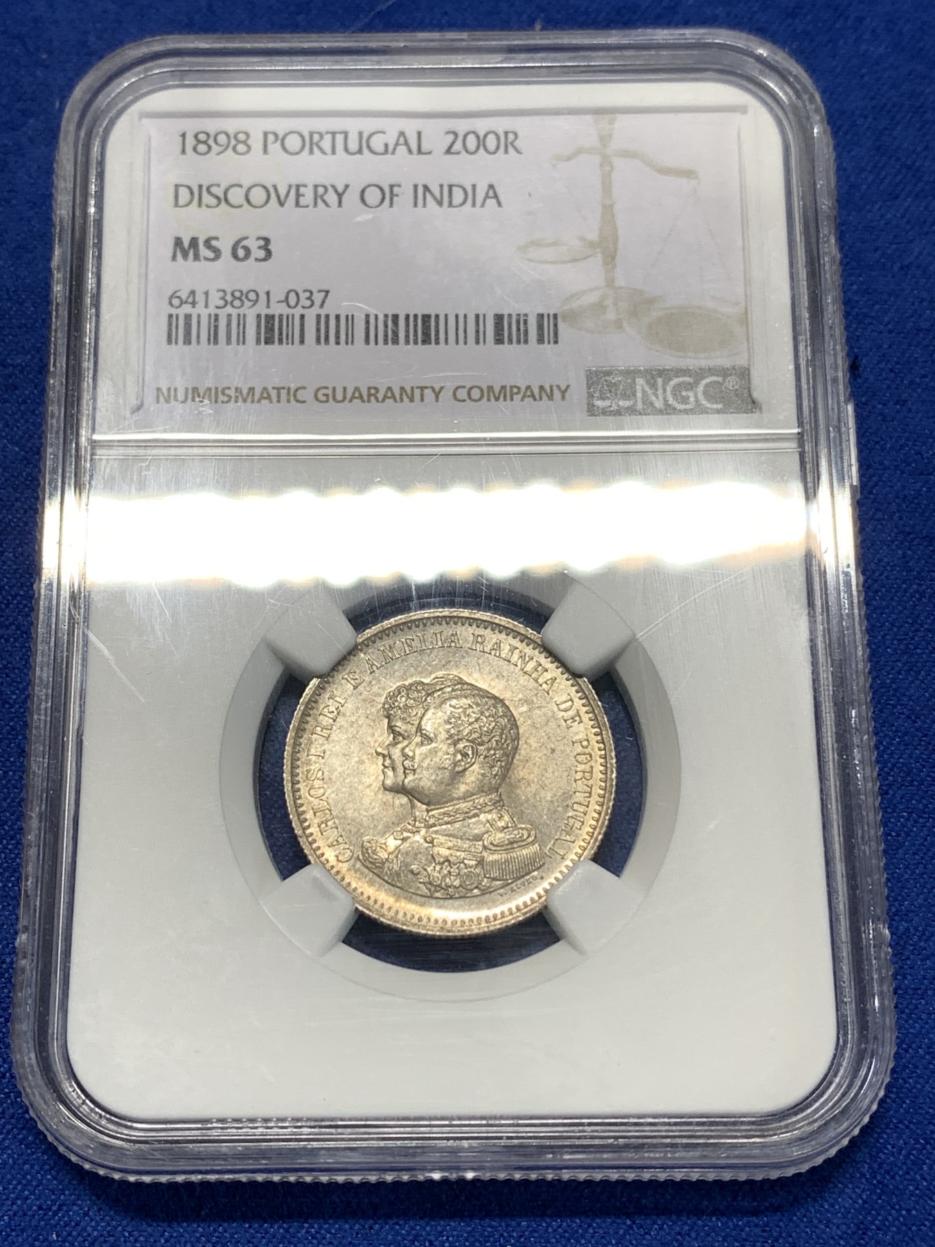《竞宝斋》第260场-周日，周一，周二 3场连拍 (全场包邮) NGC MS63 葡萄牙 1898年 发现印度 200瑞斯 银币 黄油彩