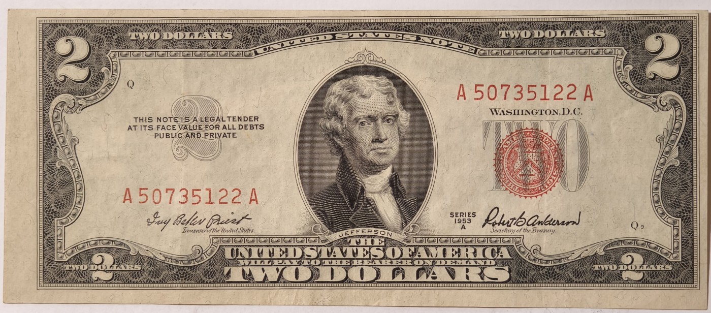 紫瑗钱币——第341期拍卖——纸币场 美国 1953年 A序列 托马斯·杰斐逊 2美元 红印 政府券 流通品