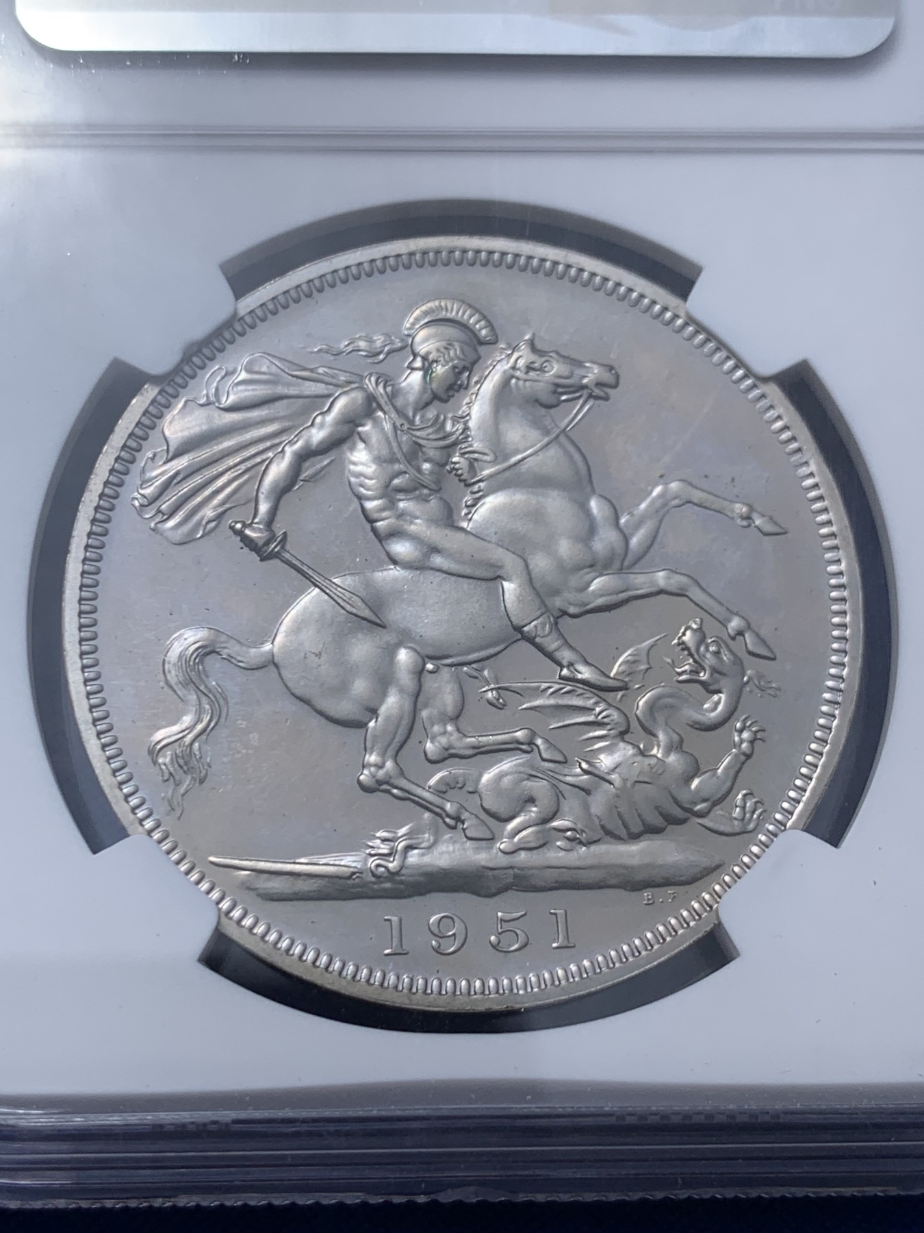 《竞宝斋》第260场-周日，周一，周二 3场连拍 (全场包邮) NGC PL63 英国1951年乔治六世克朗 最后的镍马剑