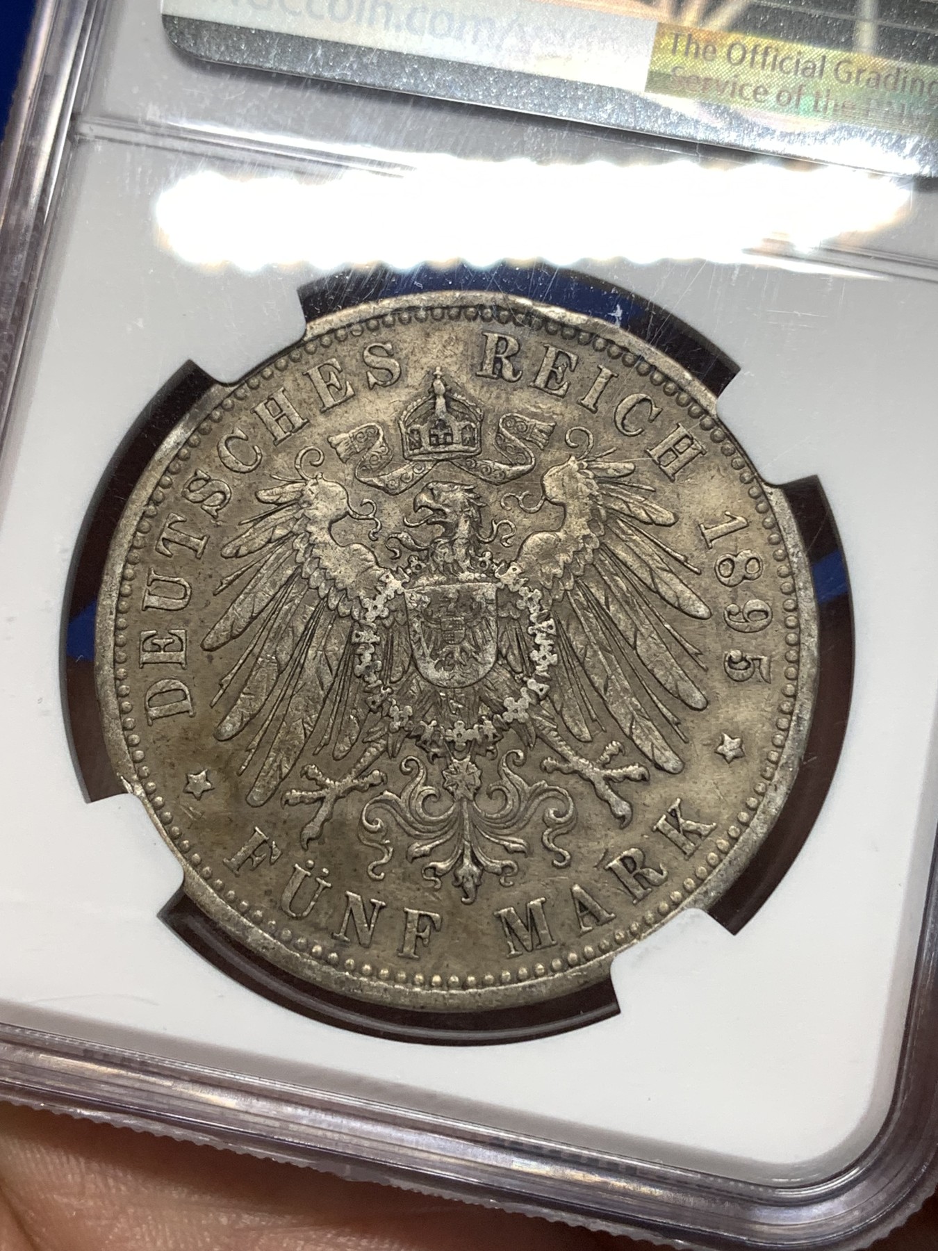 《竞宝斋》第260场-周日，周一，周二 3场连拍 (全场包邮) NGC UNC RIM DAMAGE 德国普鲁士 1895年 威廉二世长翅鹰A版 5马克 银币（通货多，UNC少见）