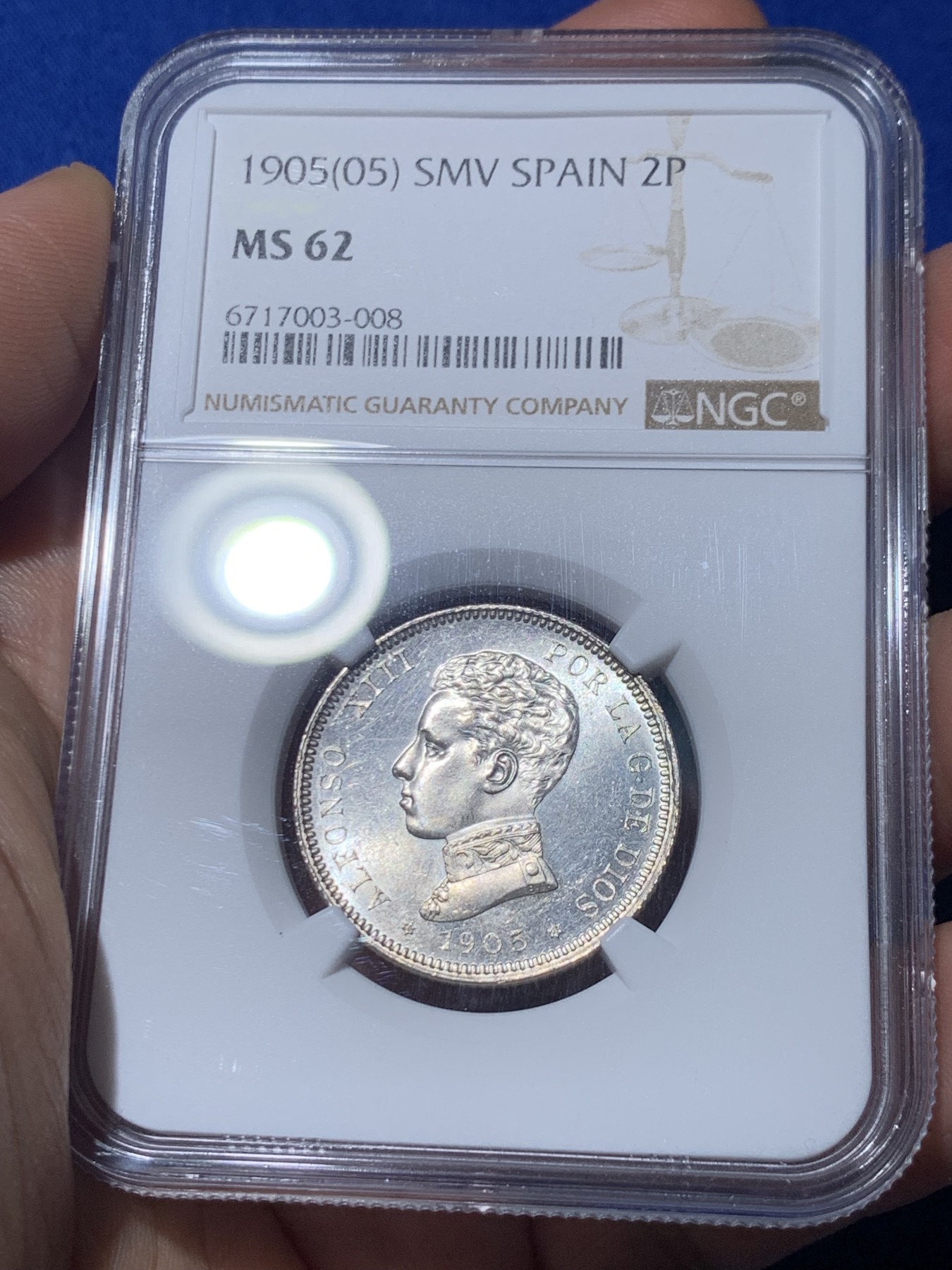 《竞宝斋》第260场-周日，周一，周二 3场连拍 (全场包邮) NGC MS62 西班牙1905阿方索十三世2比塞塔银币