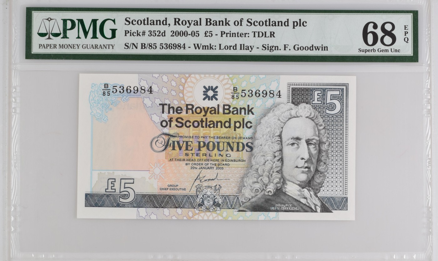 收藏联盟Quantum Auction 第340期拍卖  苏格兰皇家银行2005年5镑 PMG68 冠军分 345689乱蛇号