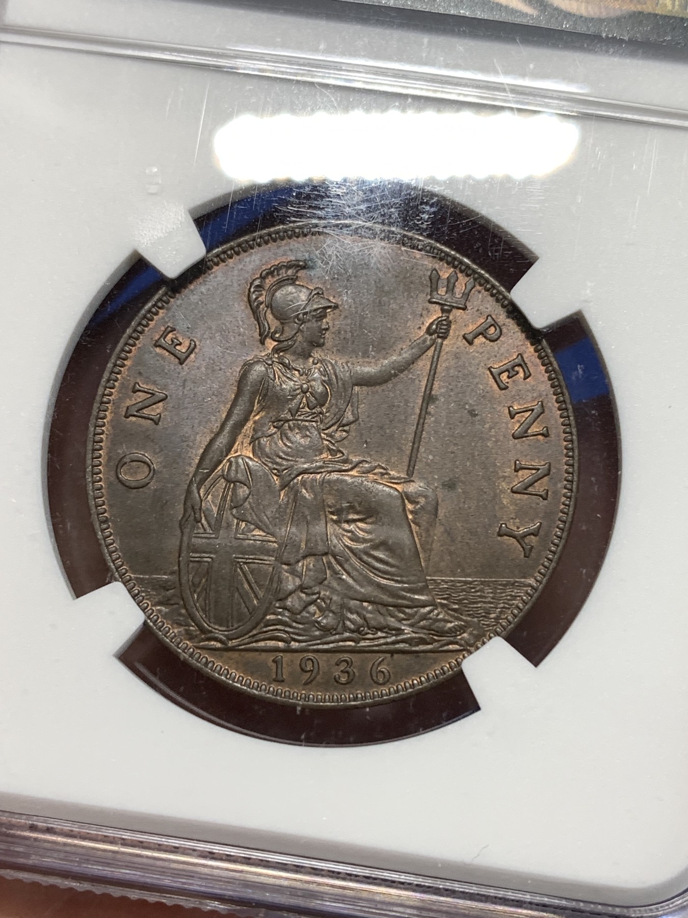 《竞宝斋》第260场-周日，周一，周二 3场连拍 (全场包邮) NGC MS63BN 英国1936年乔五1便士铜币