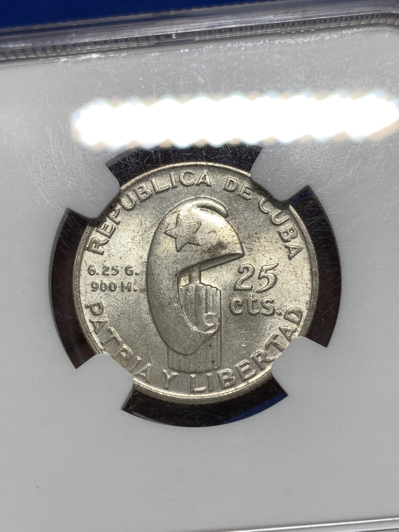 《竞宝斋》第260场-周日，周一，周二 3场连拍 (全场包邮) NGC MS63 古巴 1953年 25分 银币