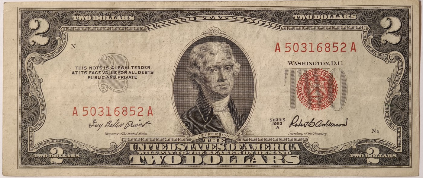 紫瑗钱币——第341期拍卖——纸币场 美国 1953年 A序列 托马斯·杰斐逊 2美元 红印 政府券 流通品