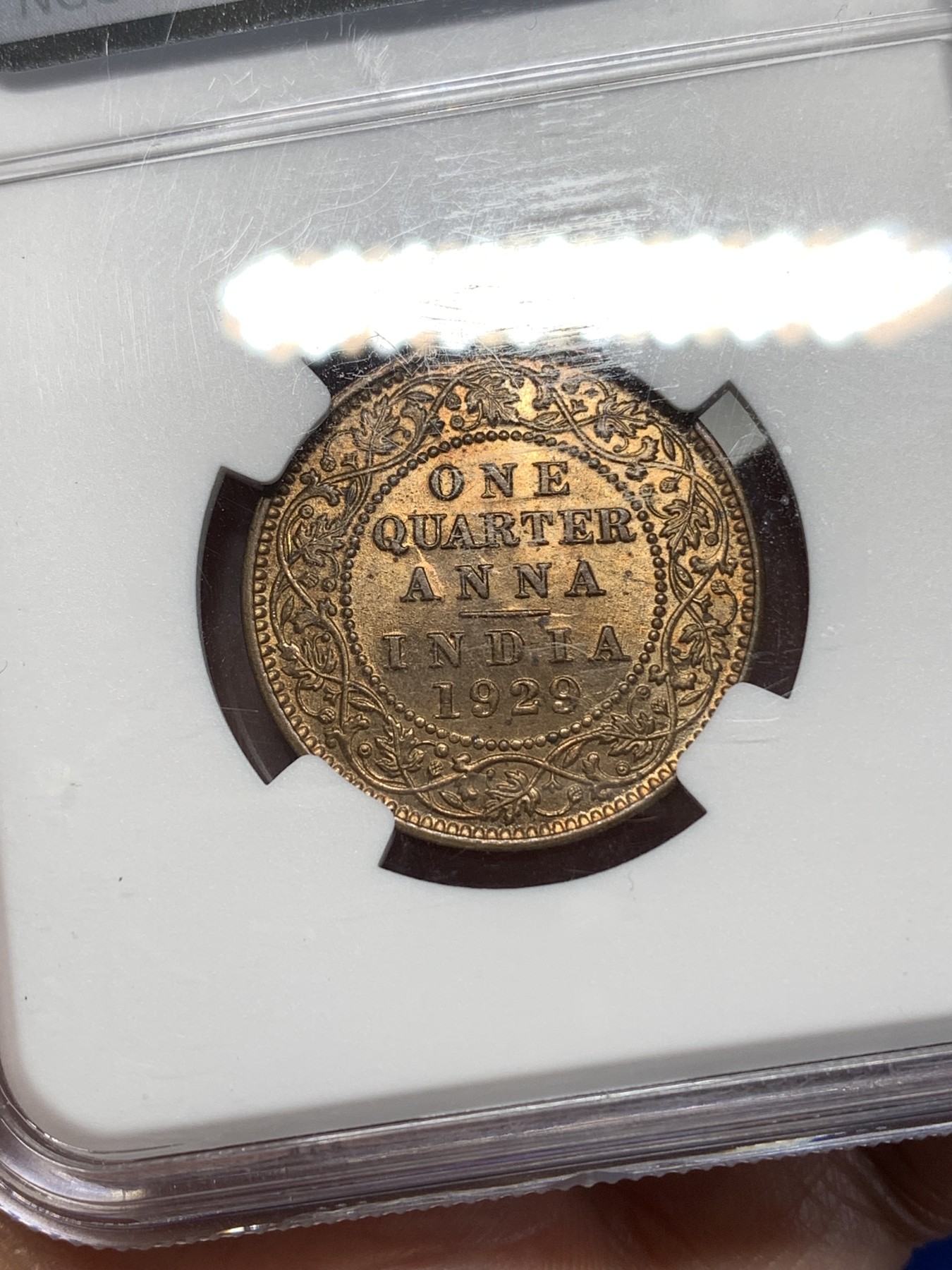 《竞宝斋》第260场-周日，周一，周二 3场连拍 (全场包邮) NGC MS64RB 印度 1929年 乔治五世1/4安娜