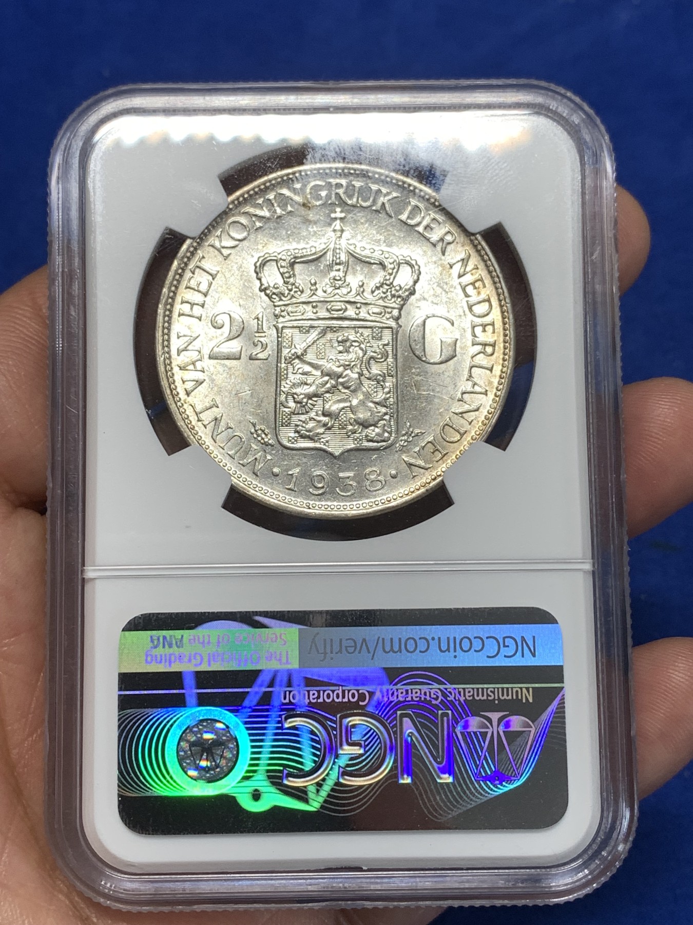 《竞宝斋》第260场-周日，周一，周二 3场连拍 (全场包邮) NGC MS61 荷兰 1938年 威廉明娜女王2.5G银币