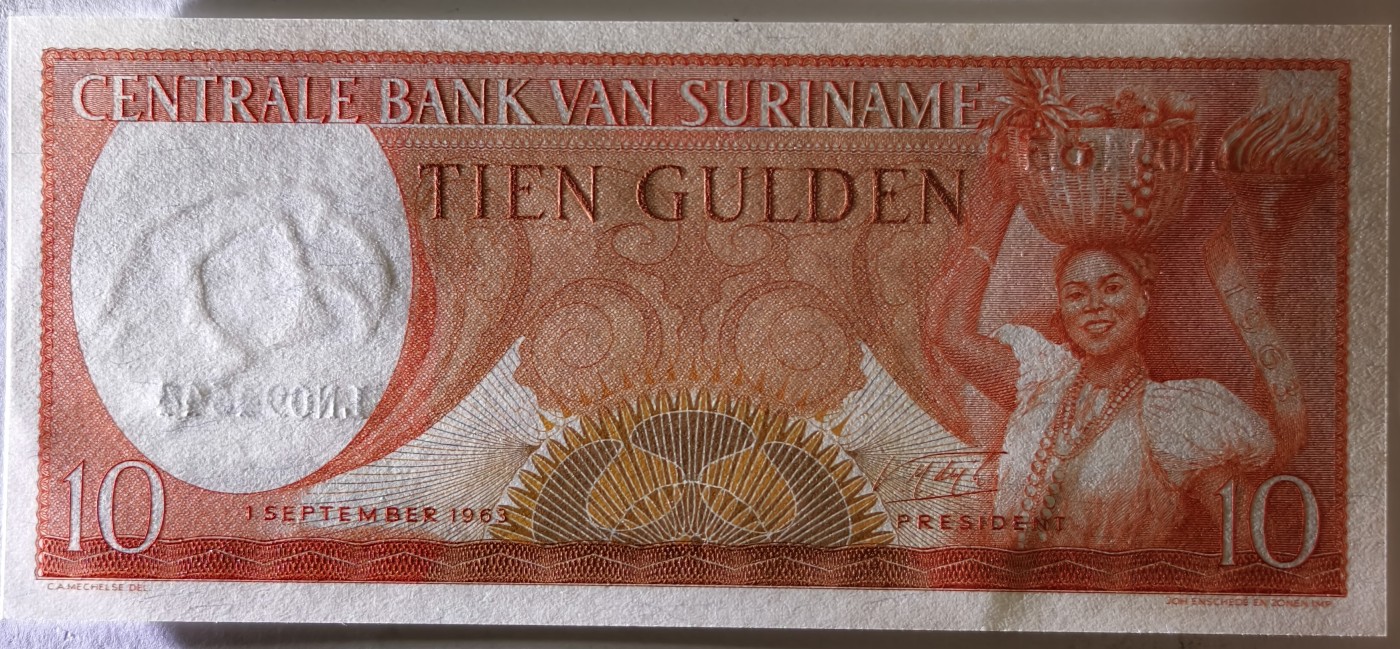 紫瑗钱币——第341期拍卖——纸币场 苏里南 1963年 土著妇女 10盾 绝品 UNC