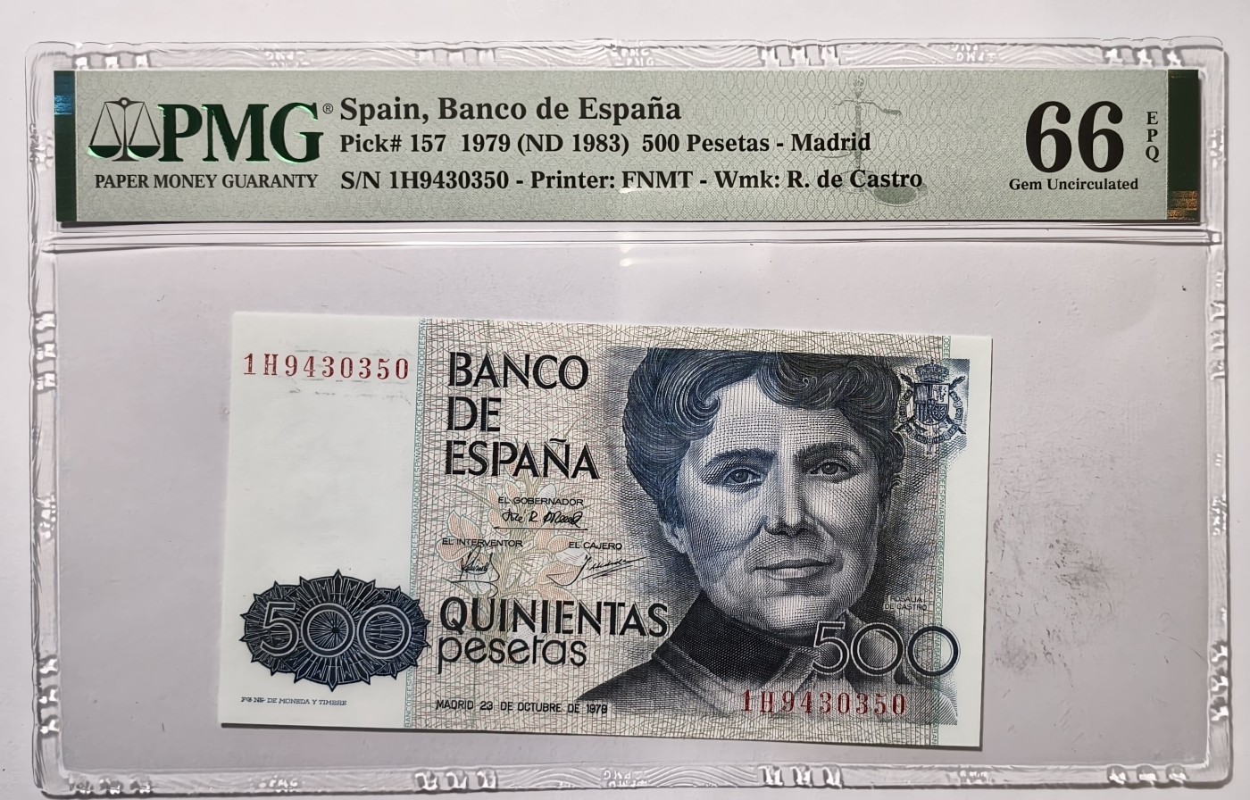 紫瑗钱币——第357期拍卖—— 纸币场 【PMG 66 EPQ】西班牙 1979(1983)年 罗莎莉亚·德·卡斯特罗 500比塞塔 (P-157)