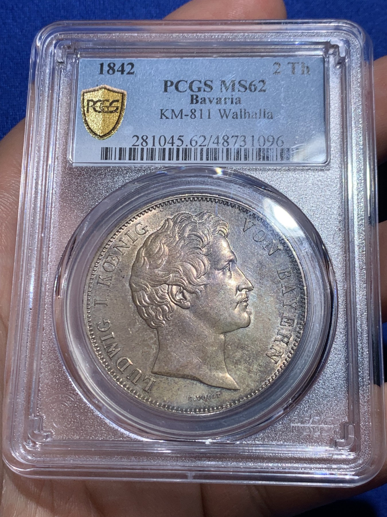 《竞宝斋》第260场-周日，周一，周二 3场连拍 (全场包邮) PCGS MS62 德国 巴伐利亚1842年瓦尔哈拉英灵神殿历史2泰勒37克的大银币 深包浆 好状态 MS不多见